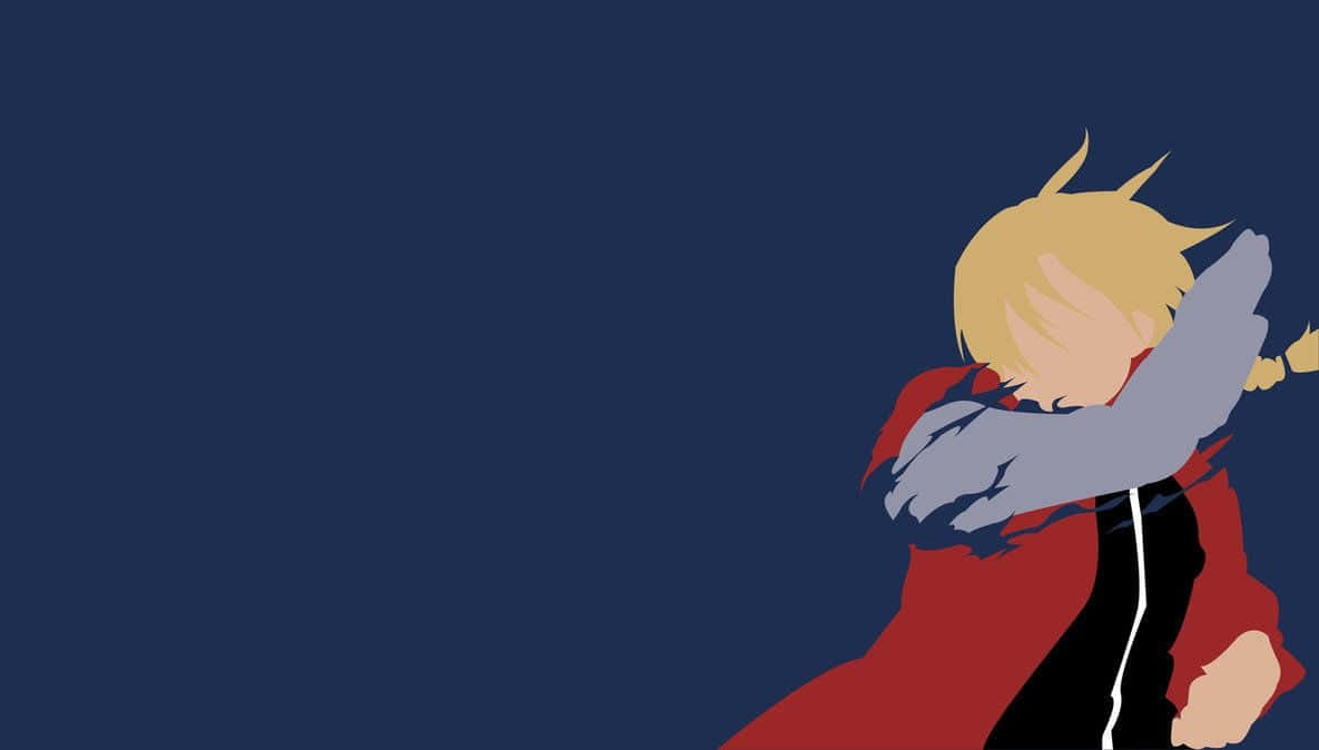 Fullmetal Alchemist 桌布 壁紙 — 一個風格化的動漫角色，金髮紅斗篷，在深藍色背景中擁抱自己。