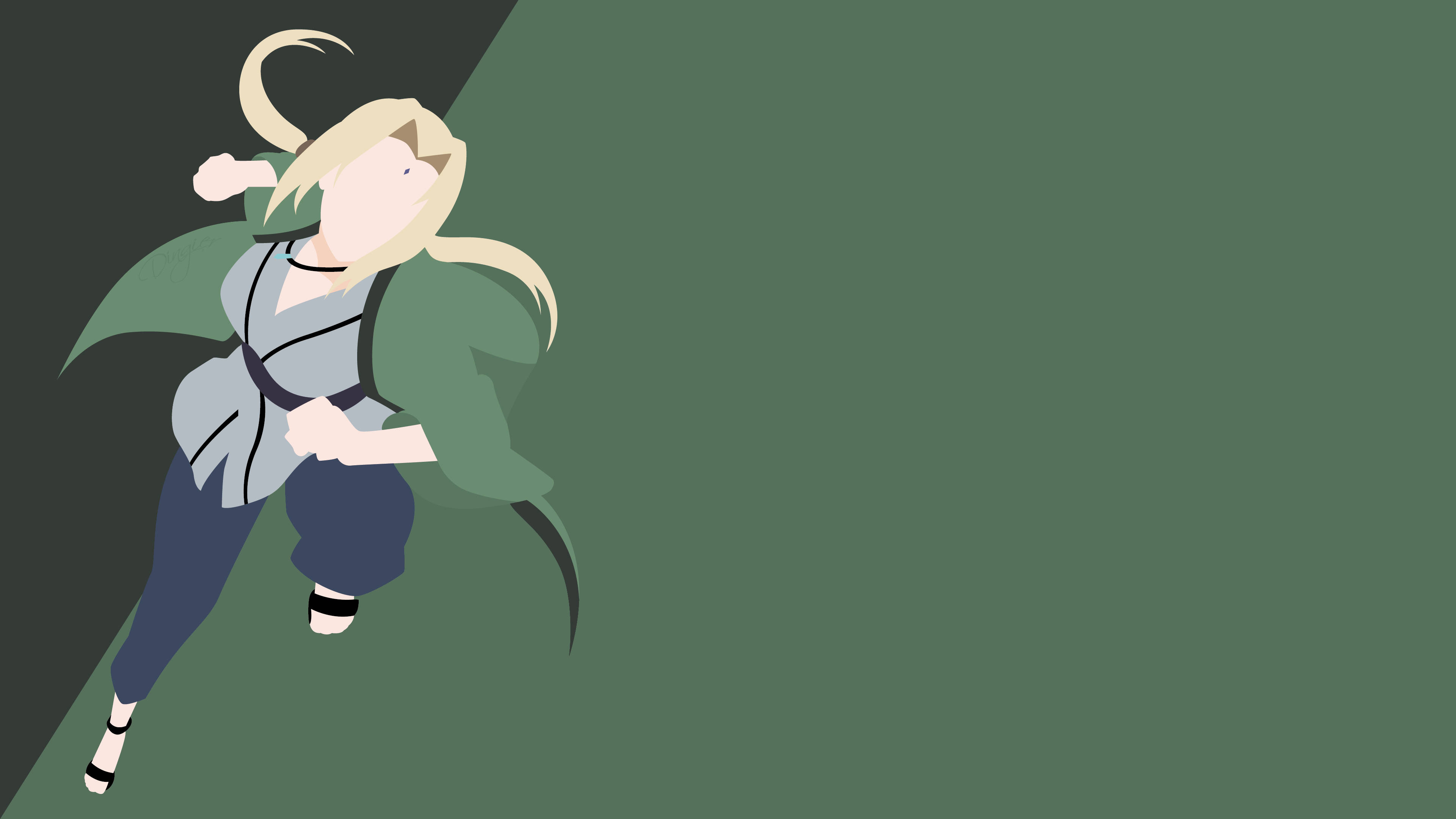 動漫女孩 桌布 壁紙 — 一個風格化的動漫角色，金髮綠斗篷，在分裂的深色和橄欖綠背景上動態跳躍。