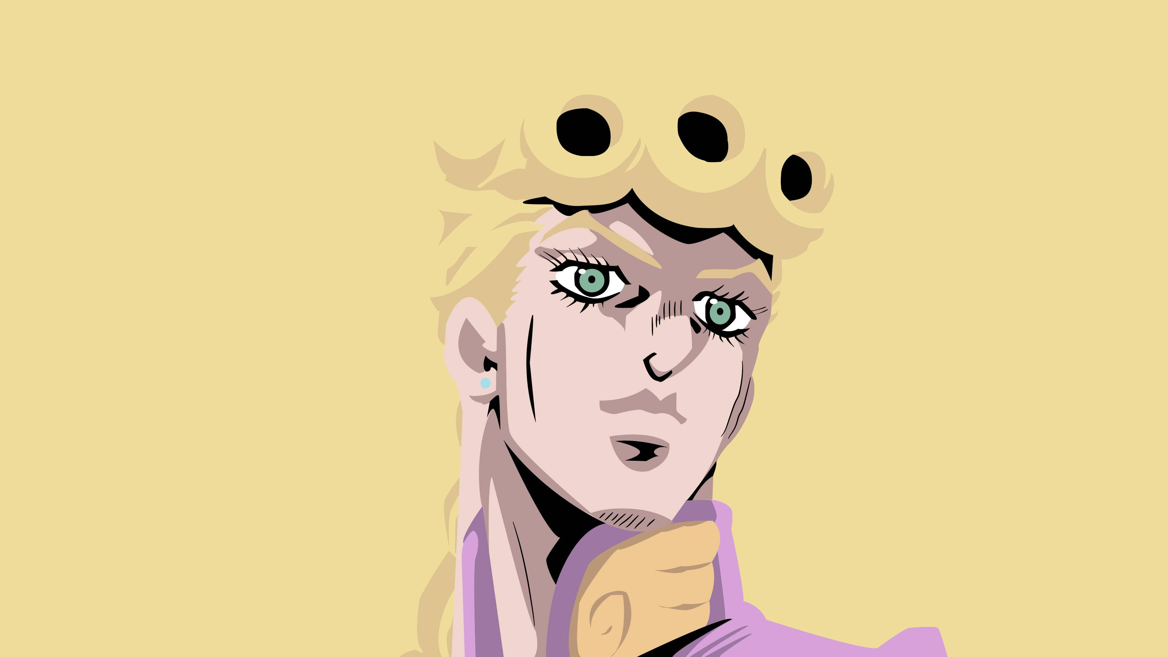 Giorno 桌布 壁紙 — 一個風格化的動漫角色，金髮綠眼，在純黃色背景上凝視著。