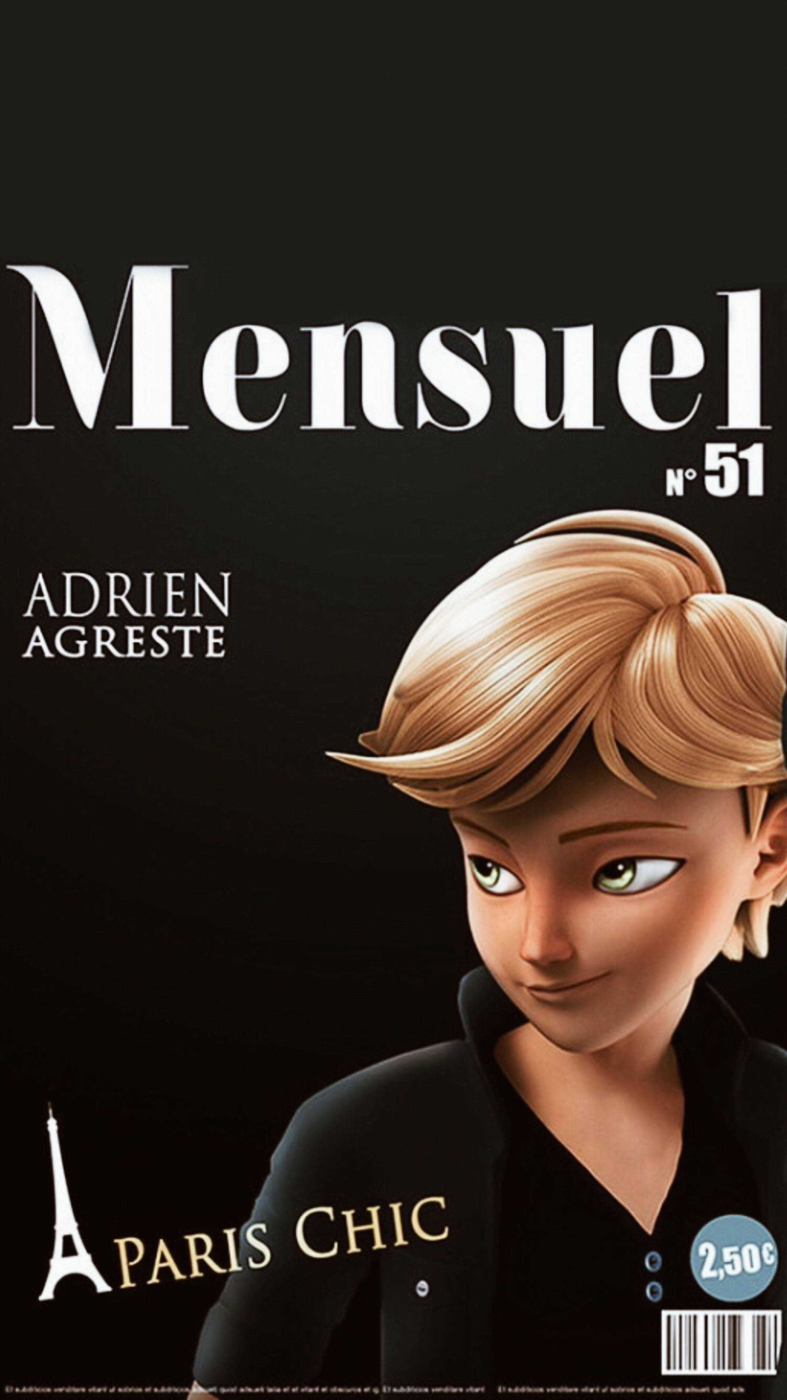 Adrien 桌布 壁紙 — 一個風格化的動漫角色，金髮綠眼，在黑色雜誌封面上向前凝視，封面有Paris Chic文字和艾菲爾鐵塔圖標。