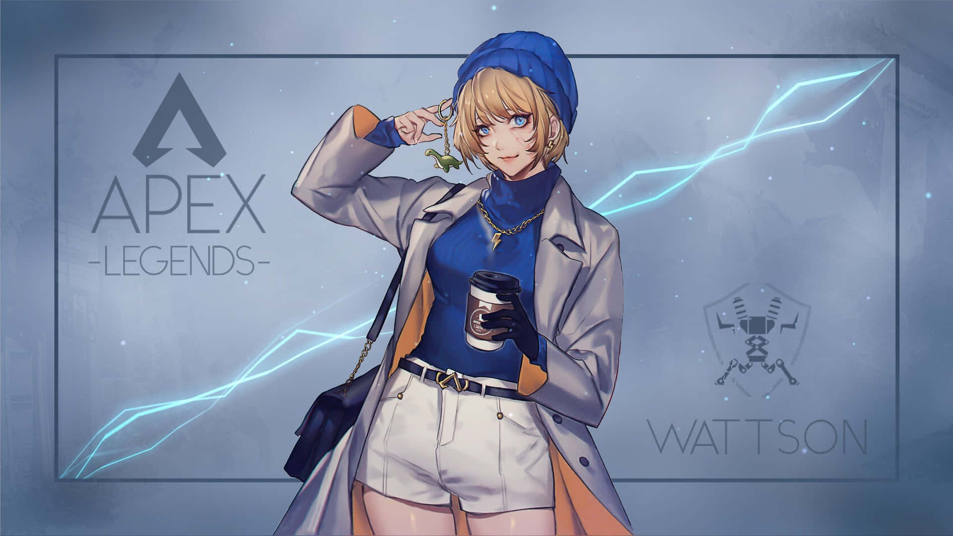 來自Apex Legends的動漫角色Wattson，背景有發光的藍色閃電，手持咖啡。 — Apex 英雄 GIF 壁紙