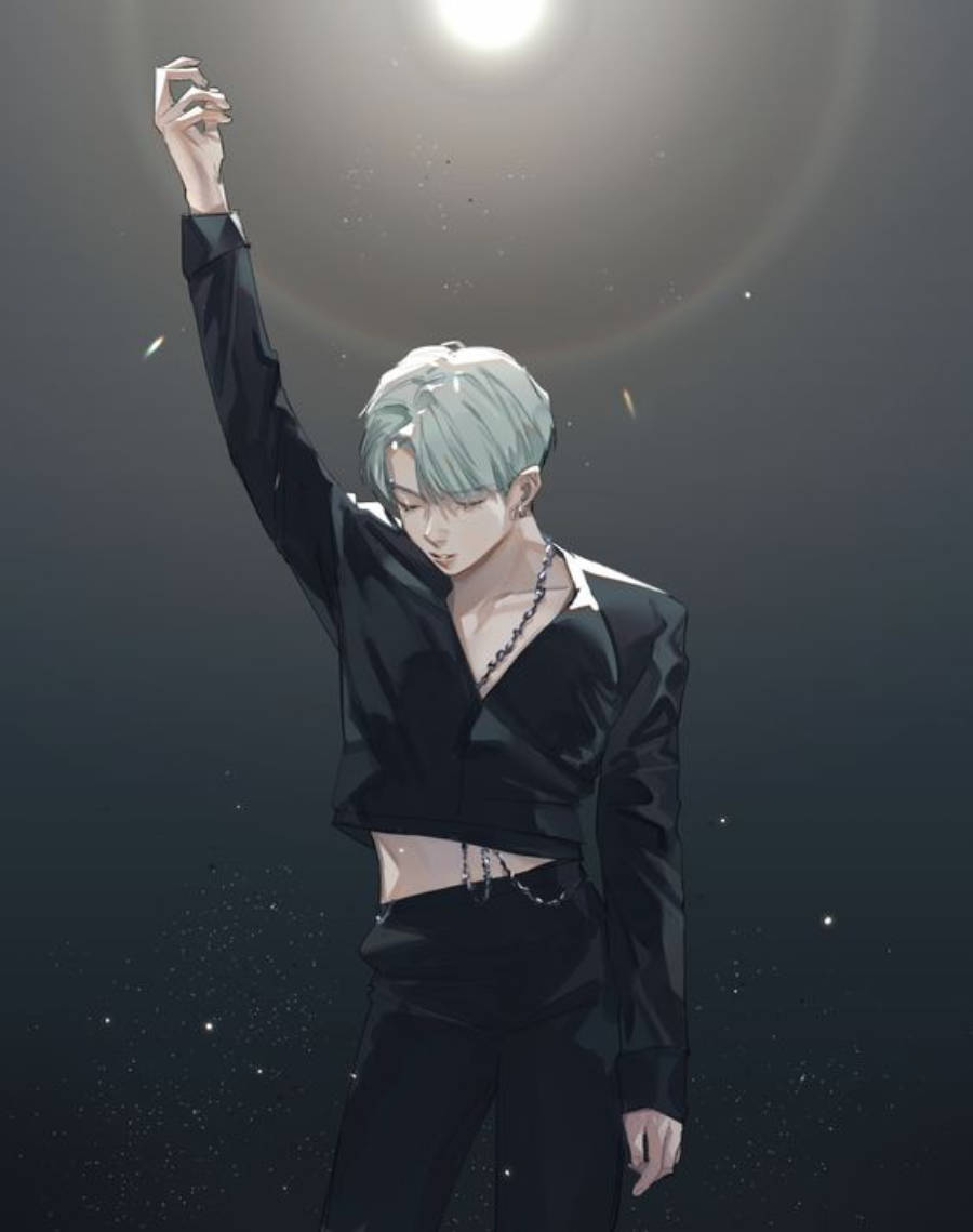 Jungkook Aesthetic 桌布 壁紙 — 一個風格化的動漫角色，銀色頭髮，在黑暗星空背景下，於明亮聚光燈下舉起一隻手。