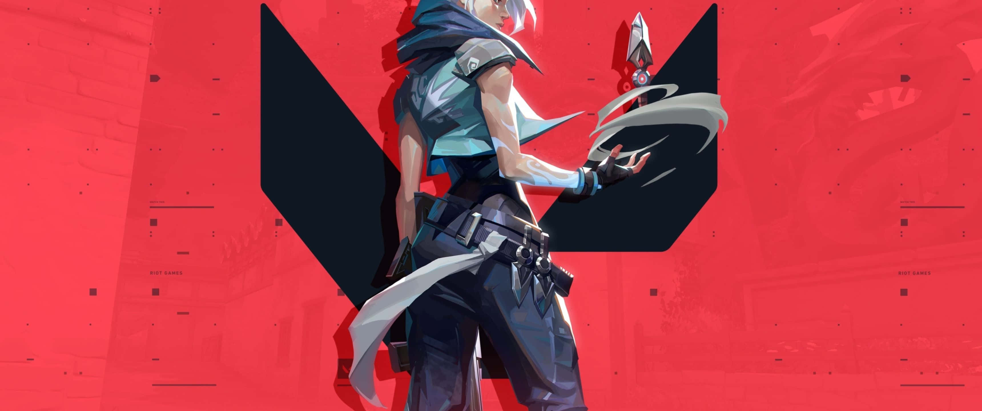3440x1440p Valorant 桌布 壁紙 — 一個風格化的動漫角色，銀色頭髮，揮舞著發光的劍，背景是鮮明的紅色和黑色幾何圖案。