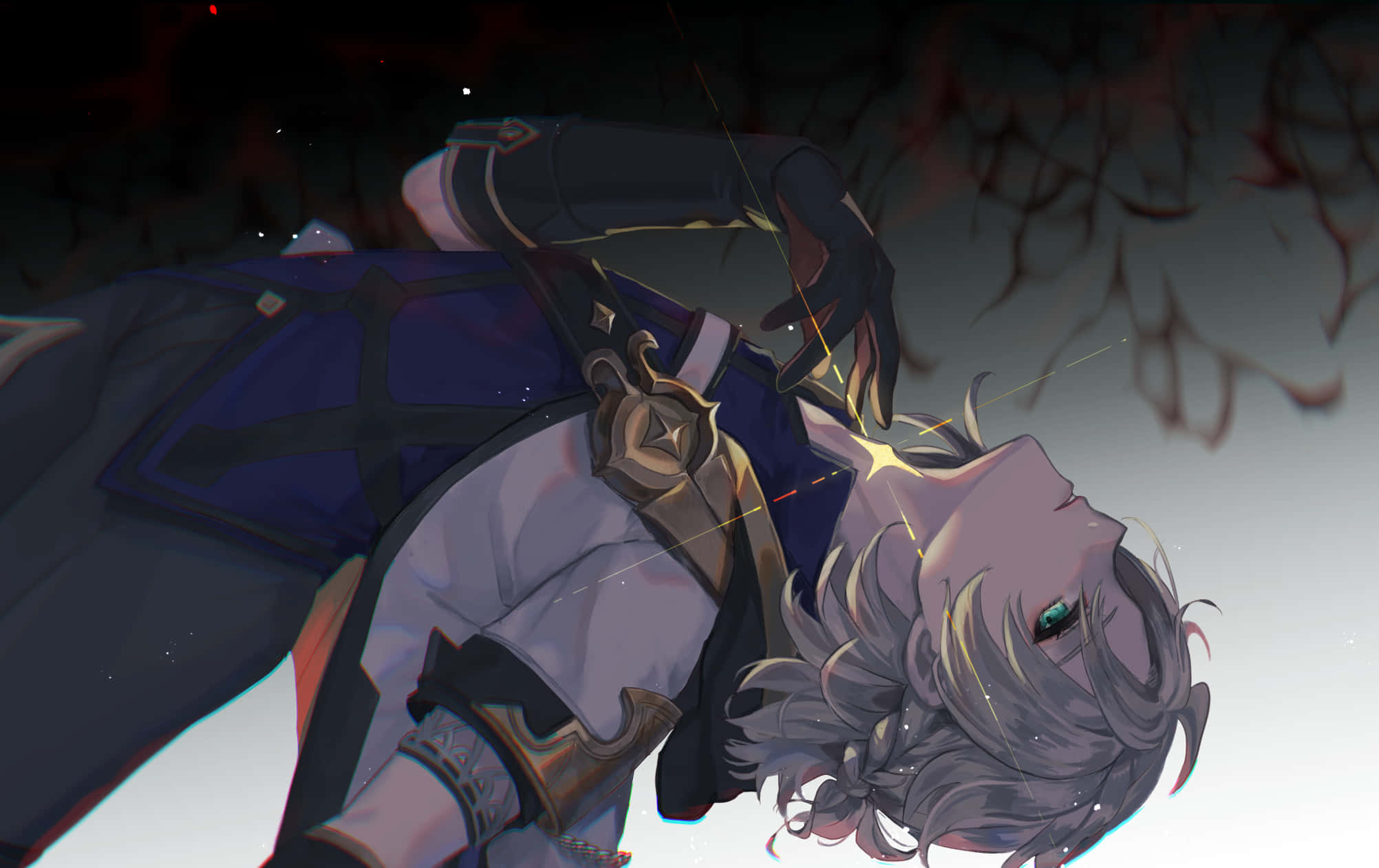 Genshin Impact Albedo 桌布 壁紙 — 一個風格化的動漫角色，銀色頭髮和發光的眼睛，仰臥在黑暗、多枝的背景上。