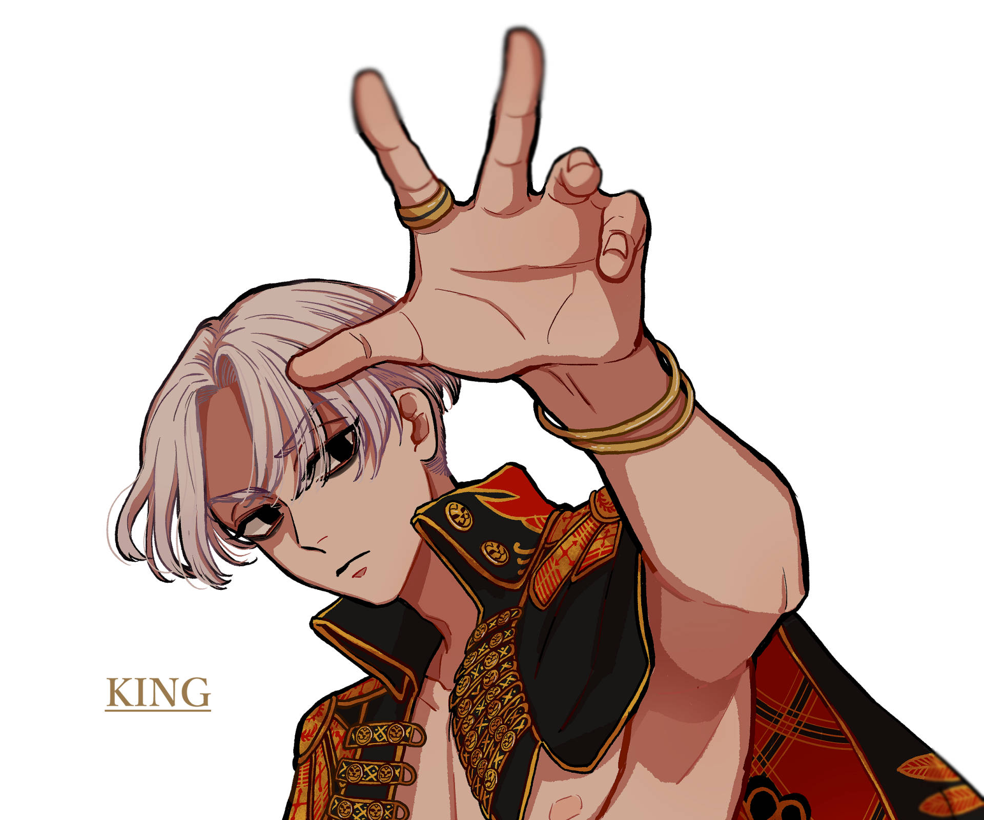 izana kurokawa 桌布 壁紙 — 一個風格化的動漫角色，銀色頭髮和華麗的紅金色盔甲，做出和平手勢。