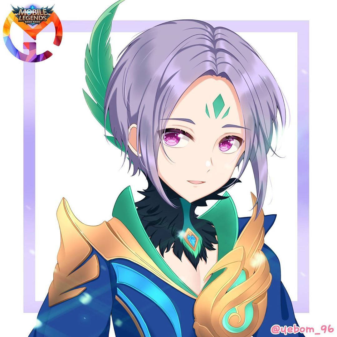 Mobile Legends 動態圖 桌布 壁紙 — 一個風格化的動漫角色，銀色頭髮和紫色眼睛，穿著華麗的藍色和金色盔甲，帶有綠色羽毛點綴。