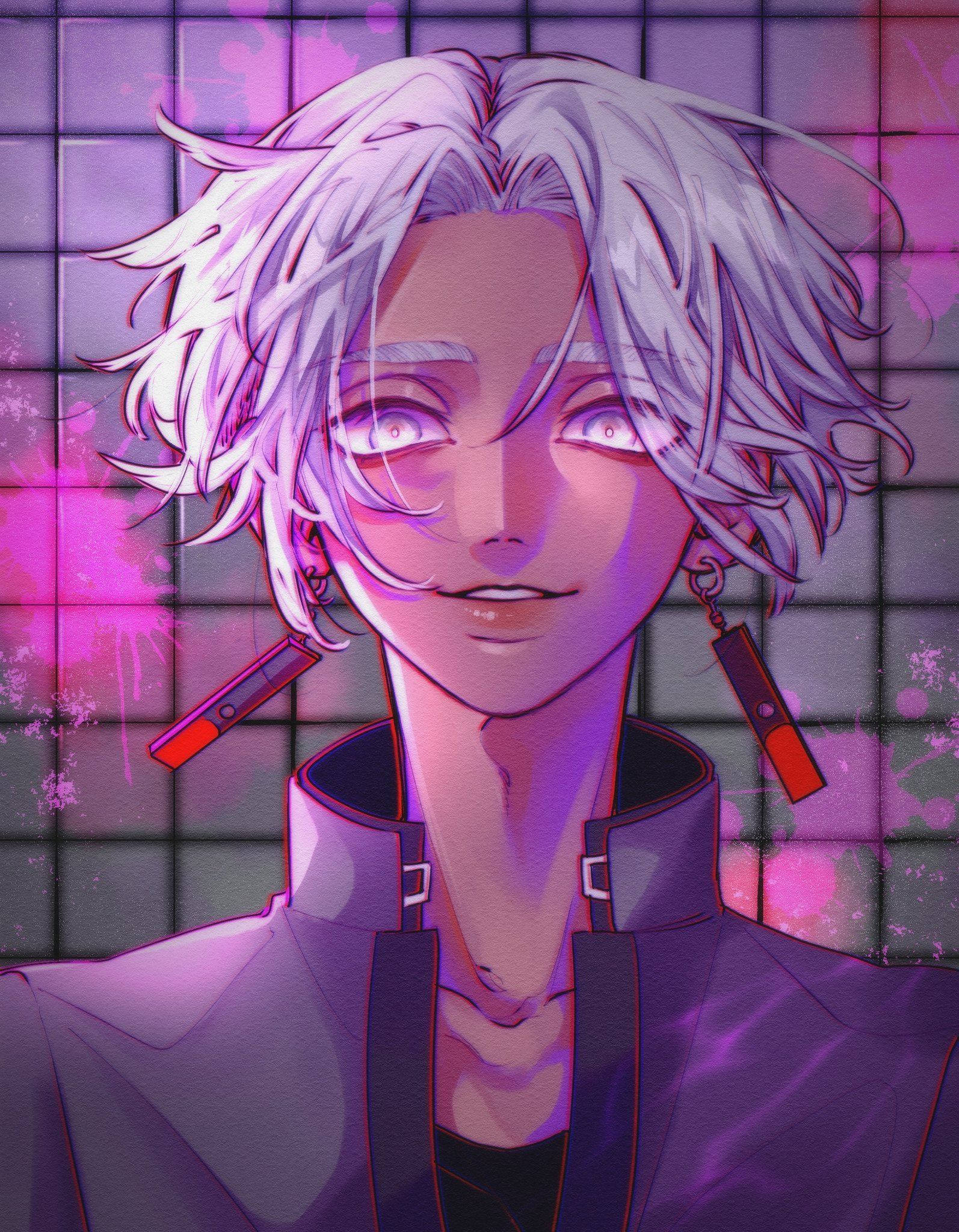 izana kurokawa 桌布 壁紙 — 一個風格化的動漫角色，銀色頭髮和發光的眼睛，站在帶有粉紅色飛濺的紫色網格牆前。