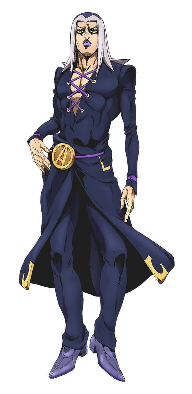Leone Abbacchio 桌布 壁紙 — 一個風格化的動漫角色，銀色頭髮和紫色嘴唇，自信地穿著帶有金色裝飾的深藍色服裝。