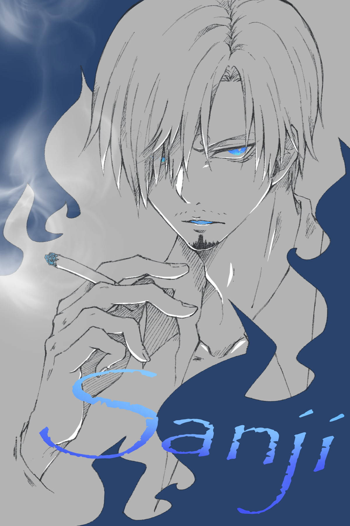 Sanji 桌布 壁紙 — 一個風格化的動漫角色，銀色頭髮和藍色眼睛，在煙霧繚繞的藍色和灰色背景中抽煙。