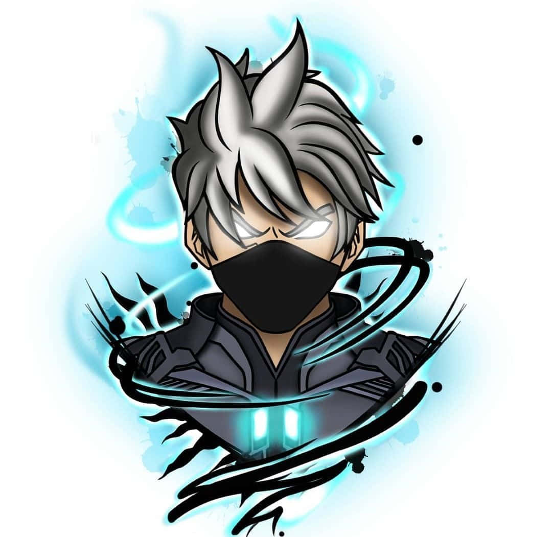 Game Art 桌布 壁紙 — 一個風格化的動漫角色，銀色頭髮和發光的眼睛，穿著黑色面具和未來裝甲，衝破藍色能量漩渦。