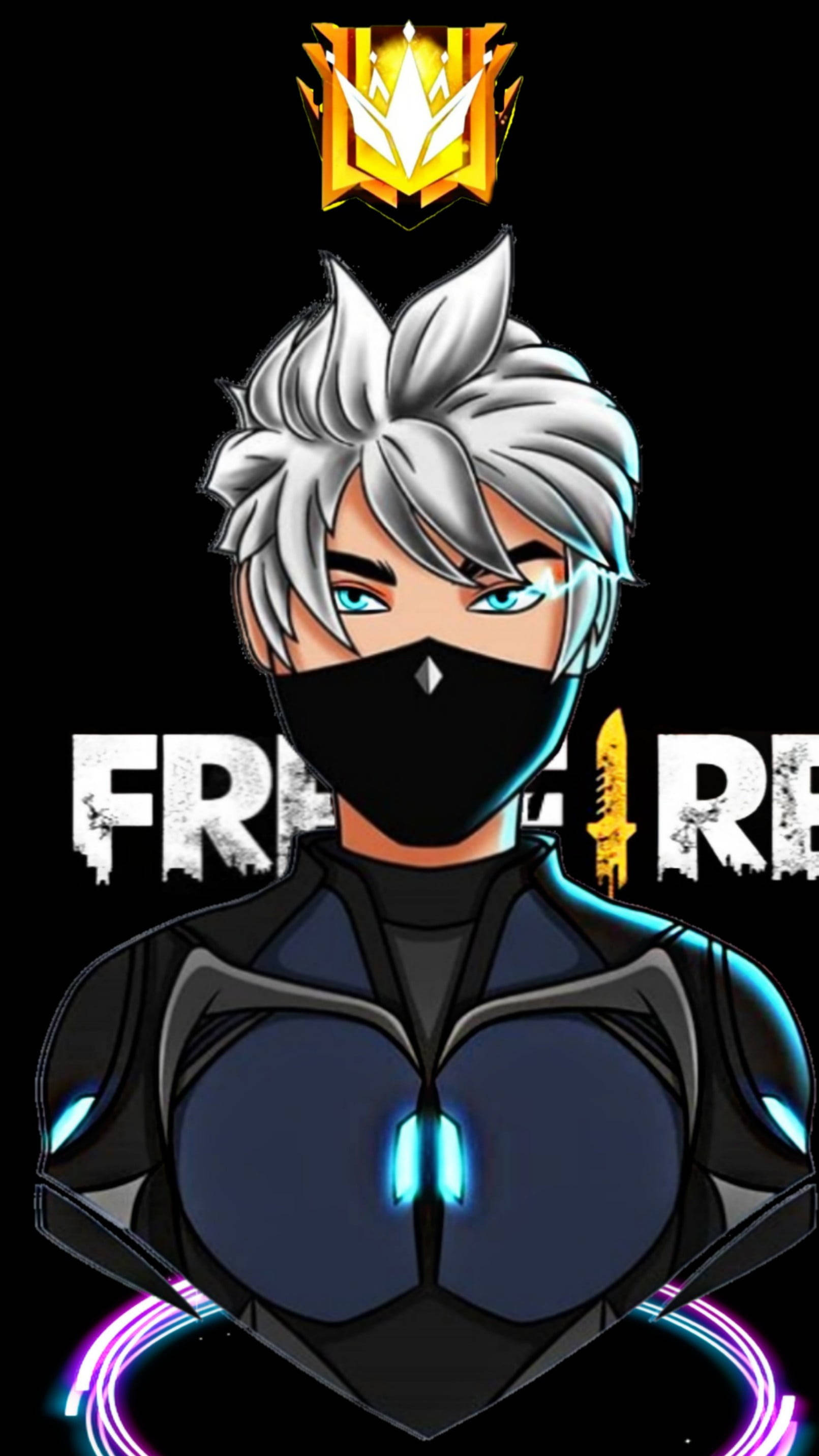 free fire 2021 桌布 壁紙 — 一個風格化的動漫角色，銀色頭髮和發光的藍色眼睛，戴著黑色面具和未來主義套裝，背景為深色帶霓虹點綴。