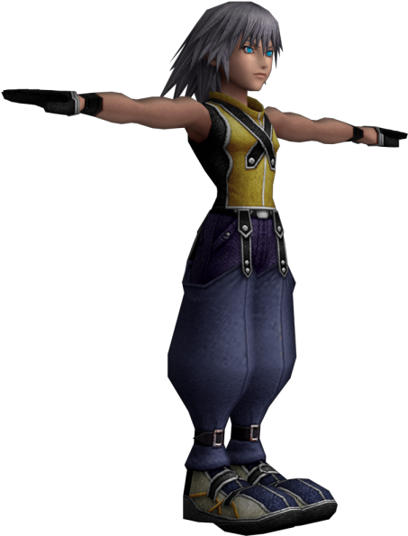 Kingdom Hearts 桌布 壁紙 — 一個風格化的動漫角色，銀色頭髮和藍色眼睛，在黑色背景前以T姿勢站立，穿著黃色背心和藍色褲子。