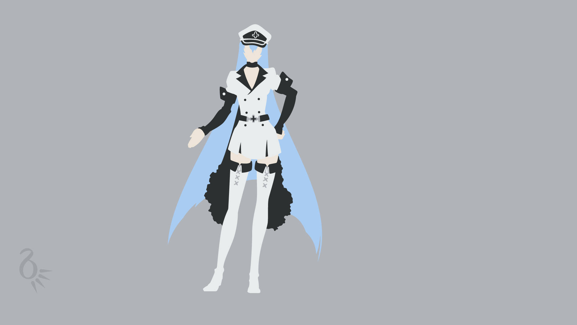 Esdeath 桌布 壁紙 — 一個風格化的動漫角色，長長的藍色頭髮，穿著白色和黑色的制服，披著斗篷，背景是灰色。