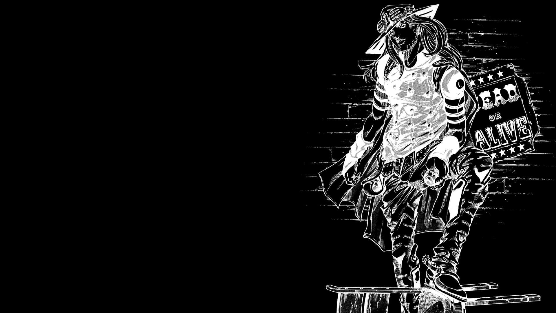 Jjba 桌布 壁紙 — 一個風格化的動漫角色，長髮戴帽，站在平台上，手持『DEAD OR ALIVE』標誌，背景是磚牆。
