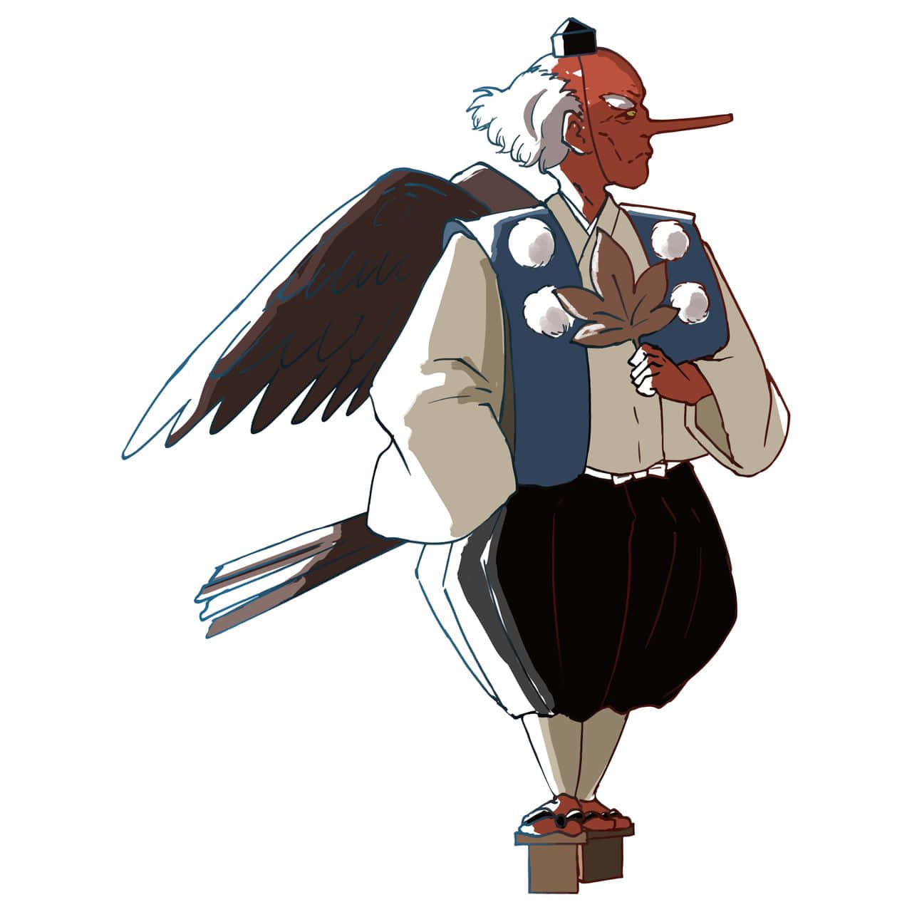 Tengu 桌布 壁紙 — 一個風格化的動漫角色，長鼻子和翅膀，站在木塊上，手持一片楓葉。