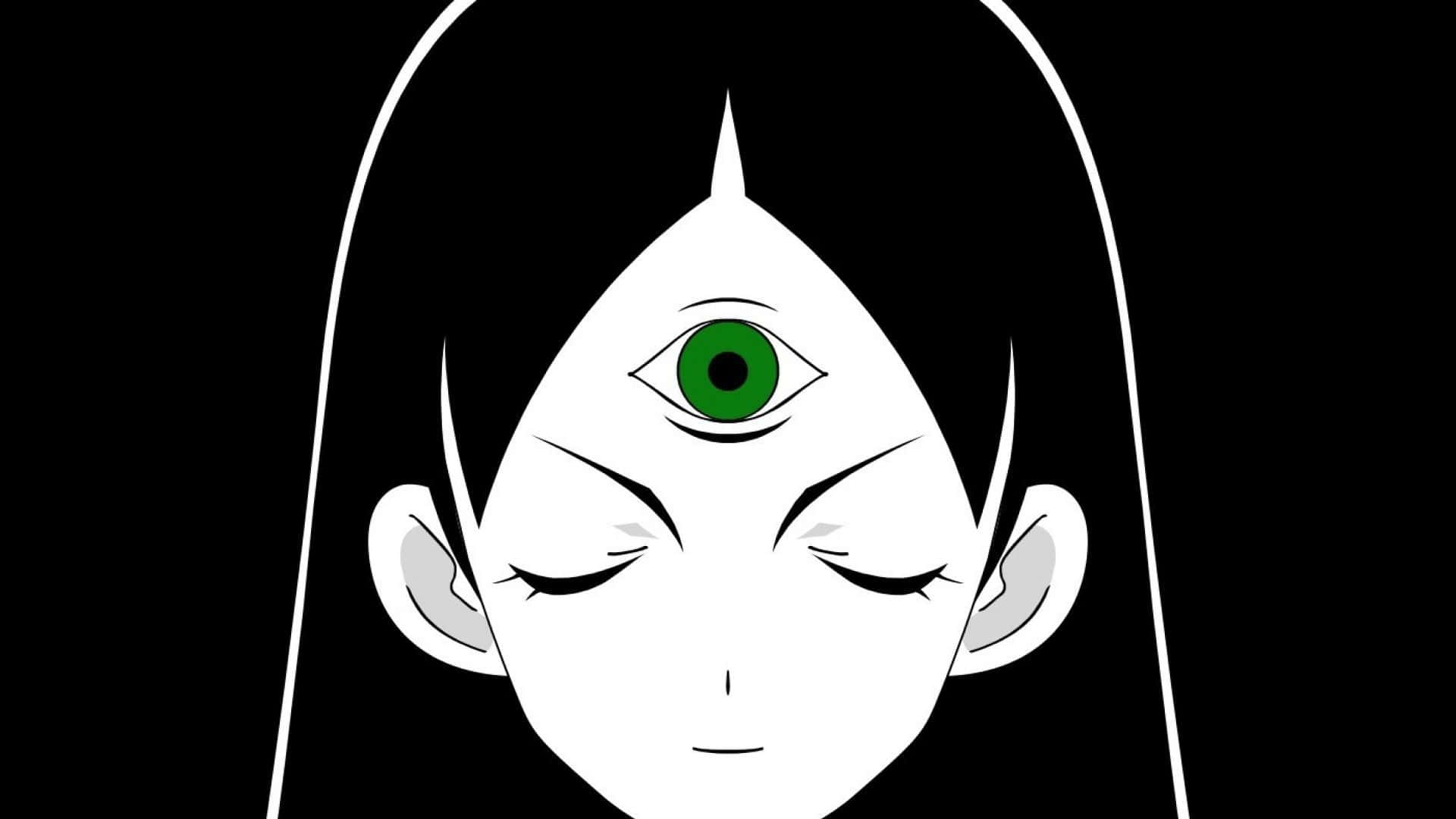 Third Eye 桌布 壁紙 — 一個風格化的動漫角色，閉著眼睛，額頭上有一個發光的綠色第三隻眼，背景為黑色。
