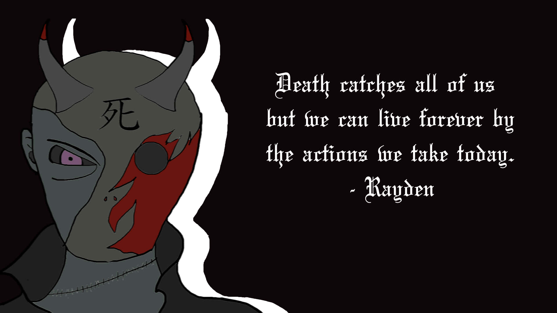 Sad Anime Quotes 桌布 壁紙 — 一個風格化的動漫角色，頭上有角，臉上有一道紅色疤痕，在一個關於死亡的哥德式引言旁邊莊嚴地凝視著。