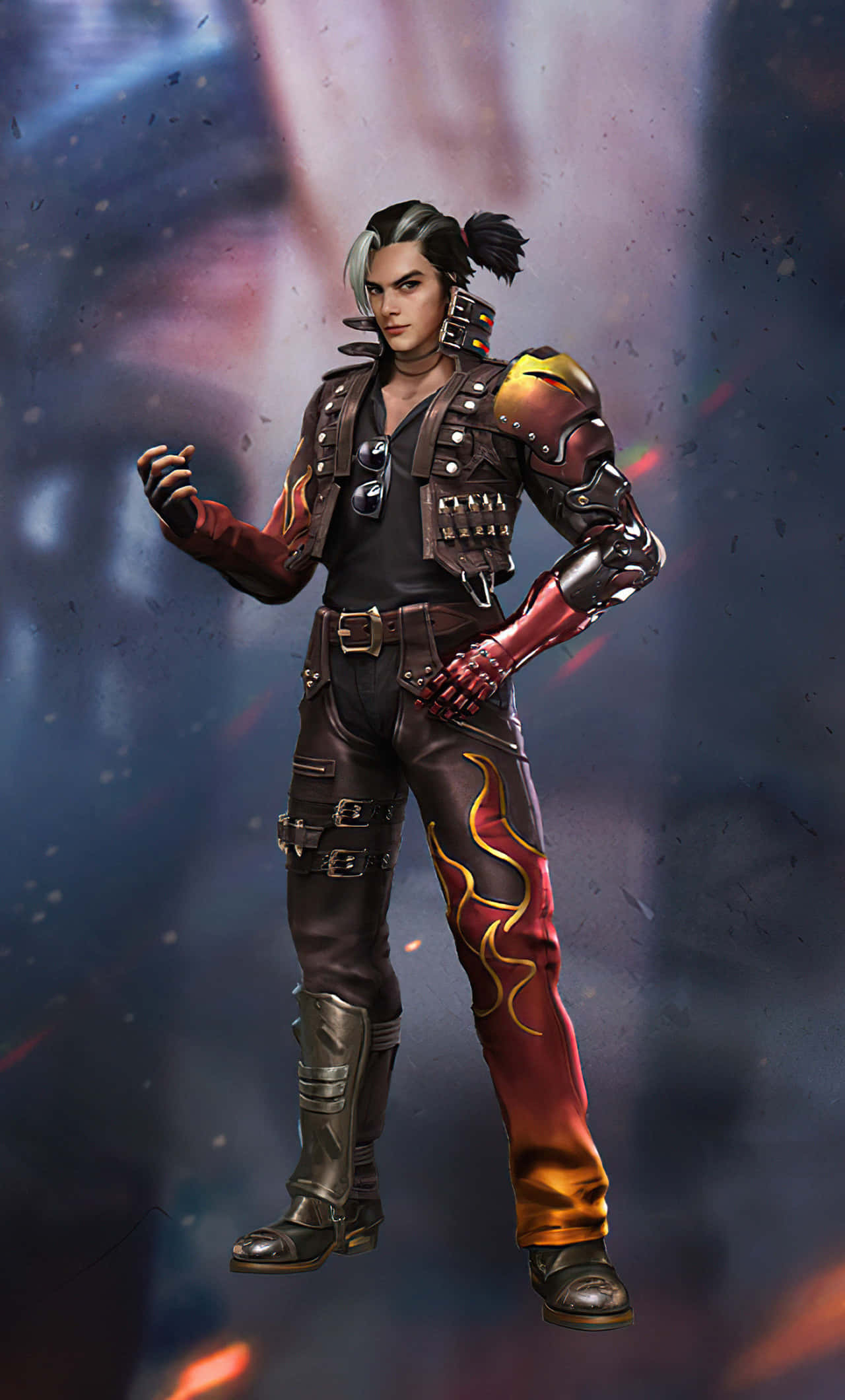 Cool Gaming 桌布 壁紙 — 一個風格化的動漫角色，頭髮半黑半白，穿著火焰圖案的皮革裝備，背景是宇宙。