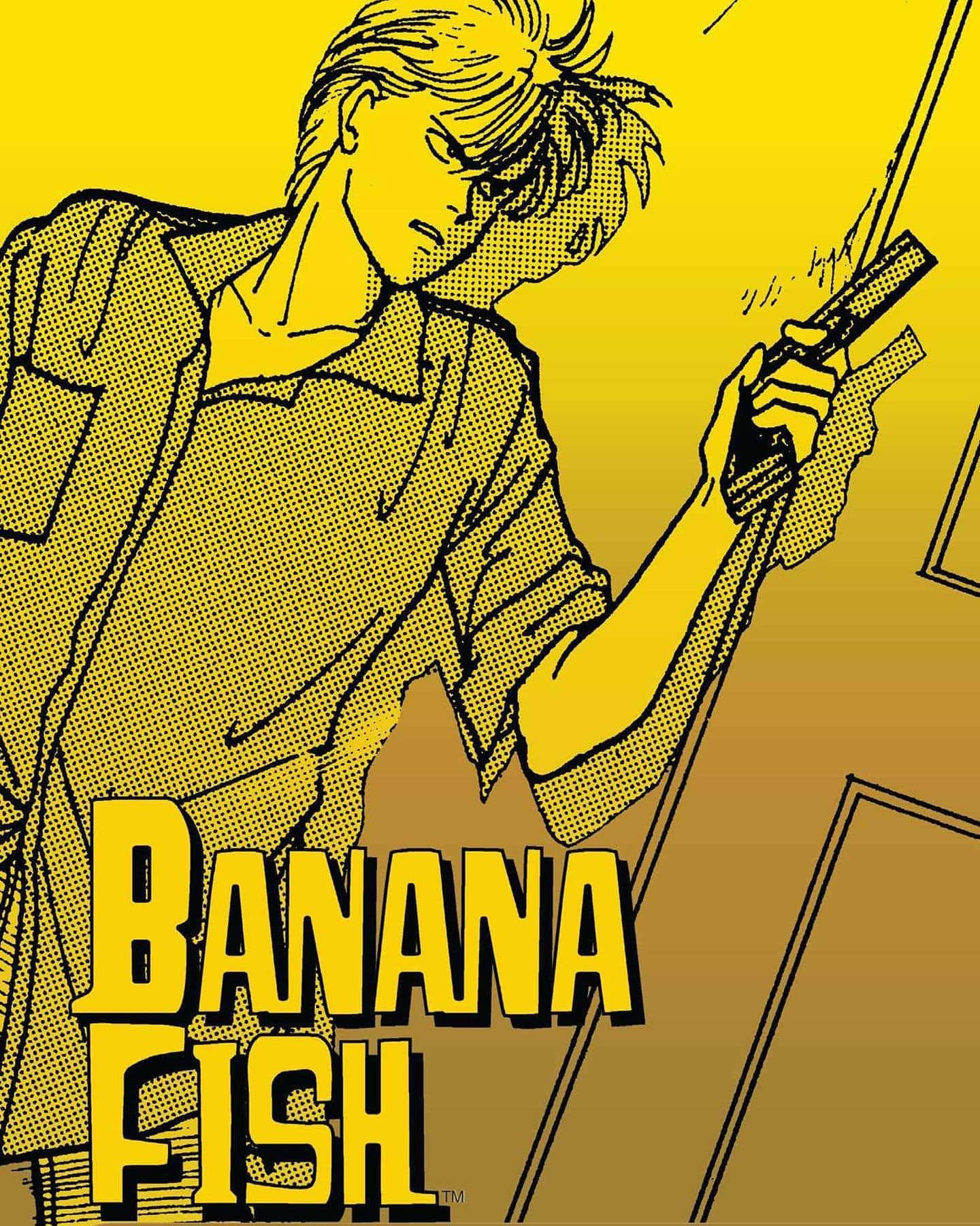 Banana Fish 桌布 壁紙 — 一個風格化的動漫角色，頭髮尖刺，在鮮明的黃色漸變背景上拿著一把刀，上面有「BANANA FISH」文字。