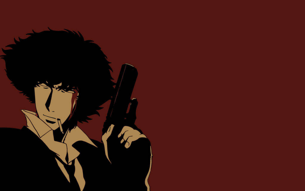 Cowboy Bebop Desktop 桌布 壁紙 — 一個風格化的動漫角色，頭髮狂野，在深紅色背景下持槍，散發出一種粗獷、強烈的氛圍。