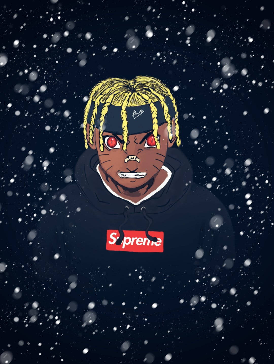 Naruto Supreme 桌布 壁紙 — 一個風格化的動漫角色，黃色辮子和紅色眼睛，穿著Supreme連帽衫，背景是雪夜天空。