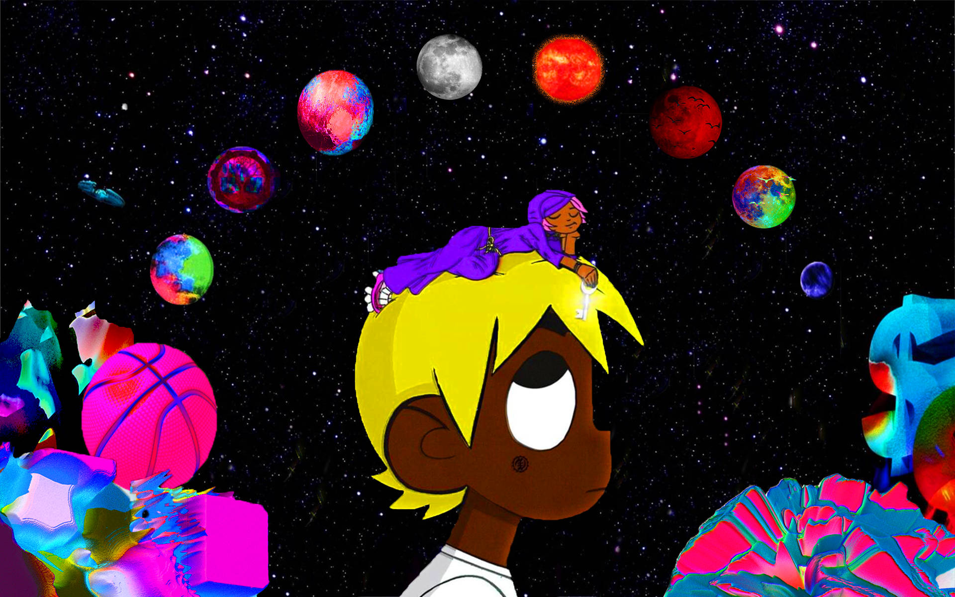 Lil Uzi Desktop 桌布 壁紙 — 一個風格化的動漫角色，黃色頭髮，仰望上方，色彩繽紛的行星和發光物體漂浮在繁星點點的宇宙虛空中。