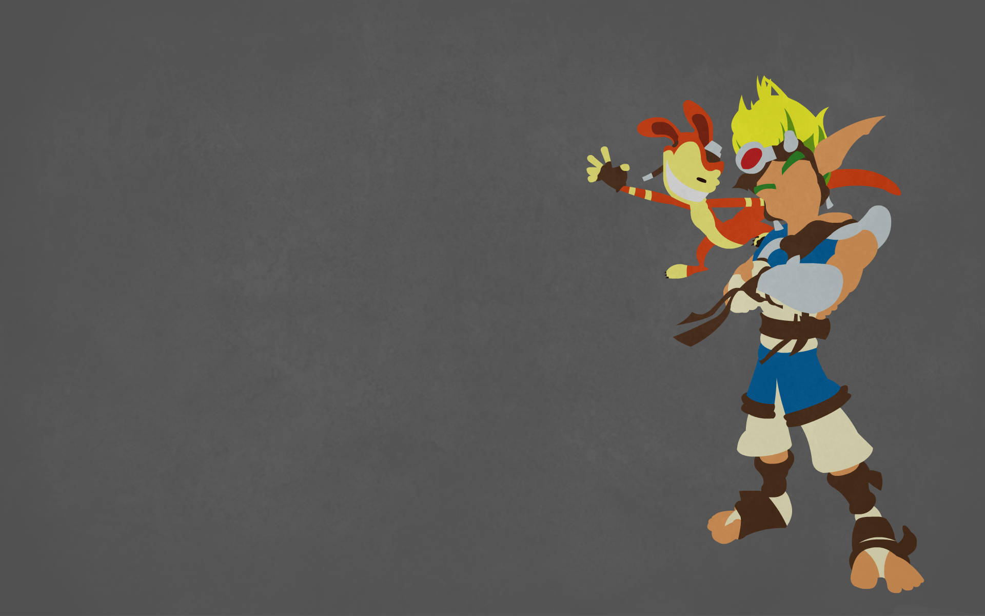 Jak 3 桌布 壁紙 — 一個風格化的動漫角色，黃色頭髮和一個紅眼睛的同伴，自信地站在有紋理的灰色背景前。