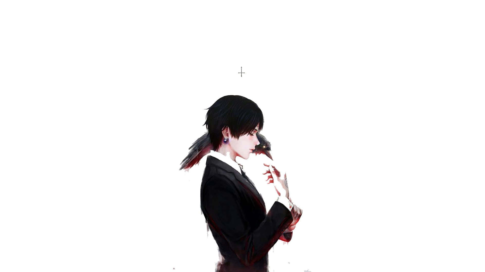 獵人 x 獵人 桌布 壁紙 — 一個風格化的動漫角色，黑髮、深色西裝，側面站在純白背景前，手靠近臉部。