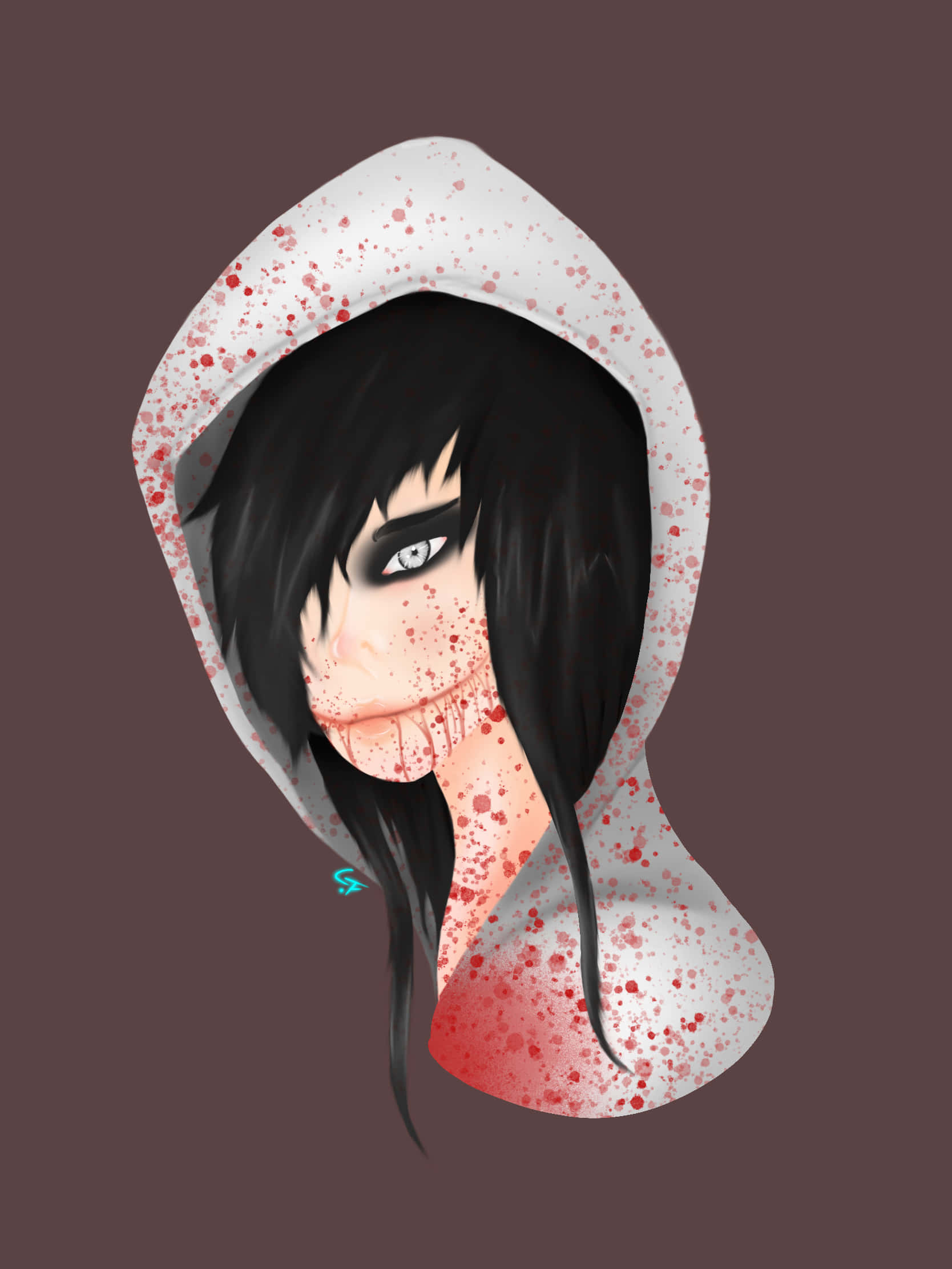 Jeff The Killer 桌布 壁紙 — 一個風格化的動漫角色，黑髮，穿著白色連帽衫，上面濺有紅色水滴，背景為深棕色。