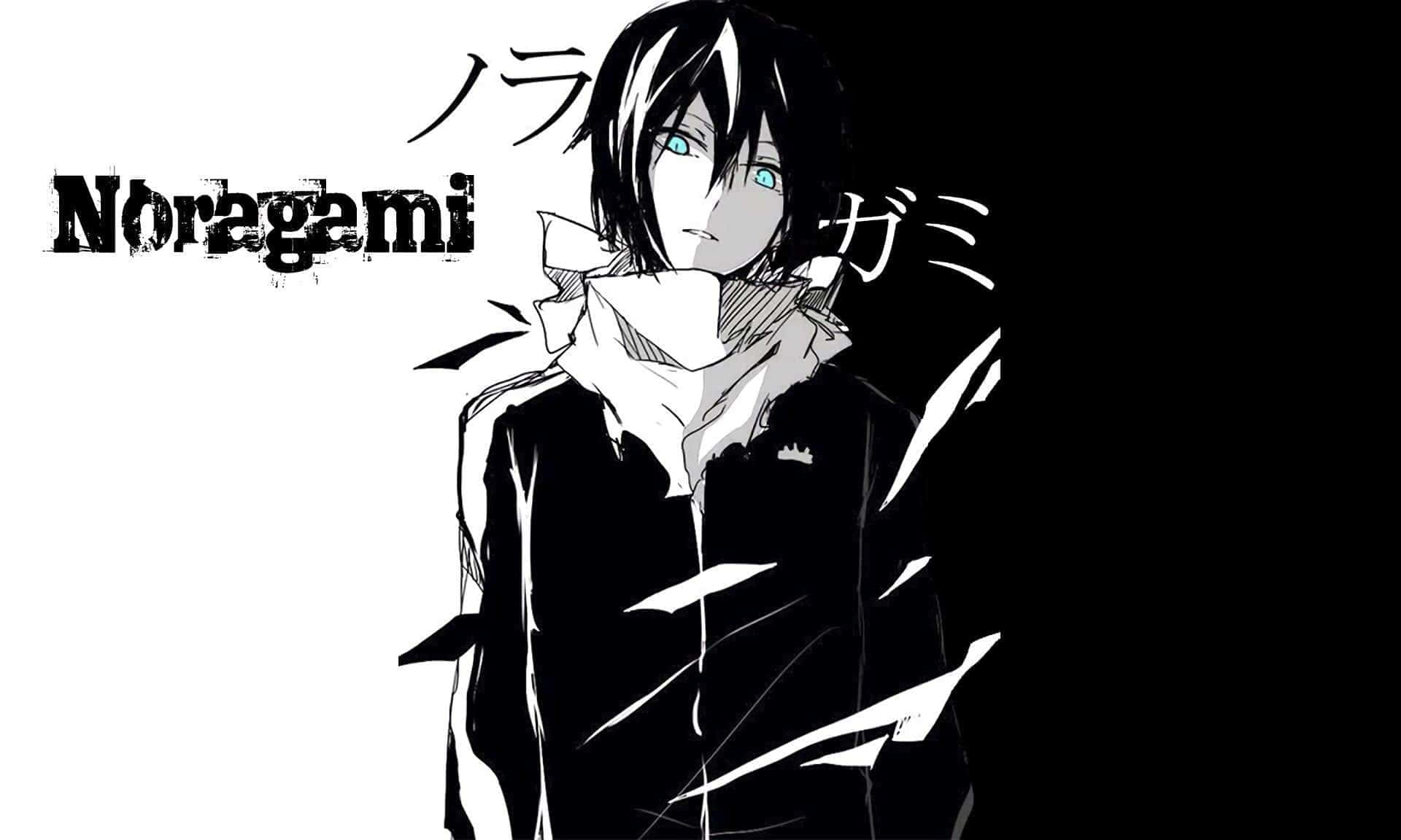 Noragami 桌布 壁紙 — 一個風格化的動漫角色，黑髮和發光的藍眼睛，站在帶有日文字的黑白背景前。