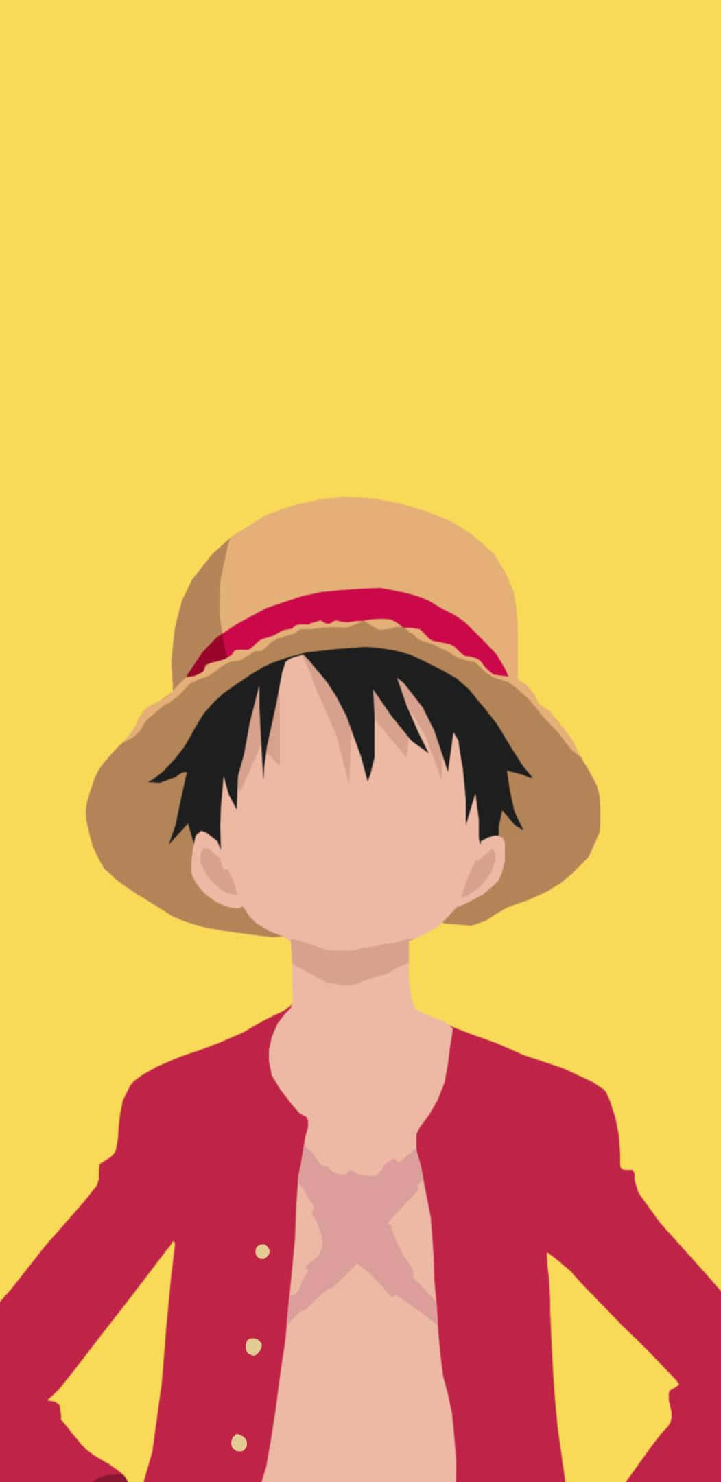 Luffy Aesthetic 桌布 壁紙 — 一個風格化的動漫角色，黑髮戴草帽，站在純黃色背景前，身穿紅色外套。