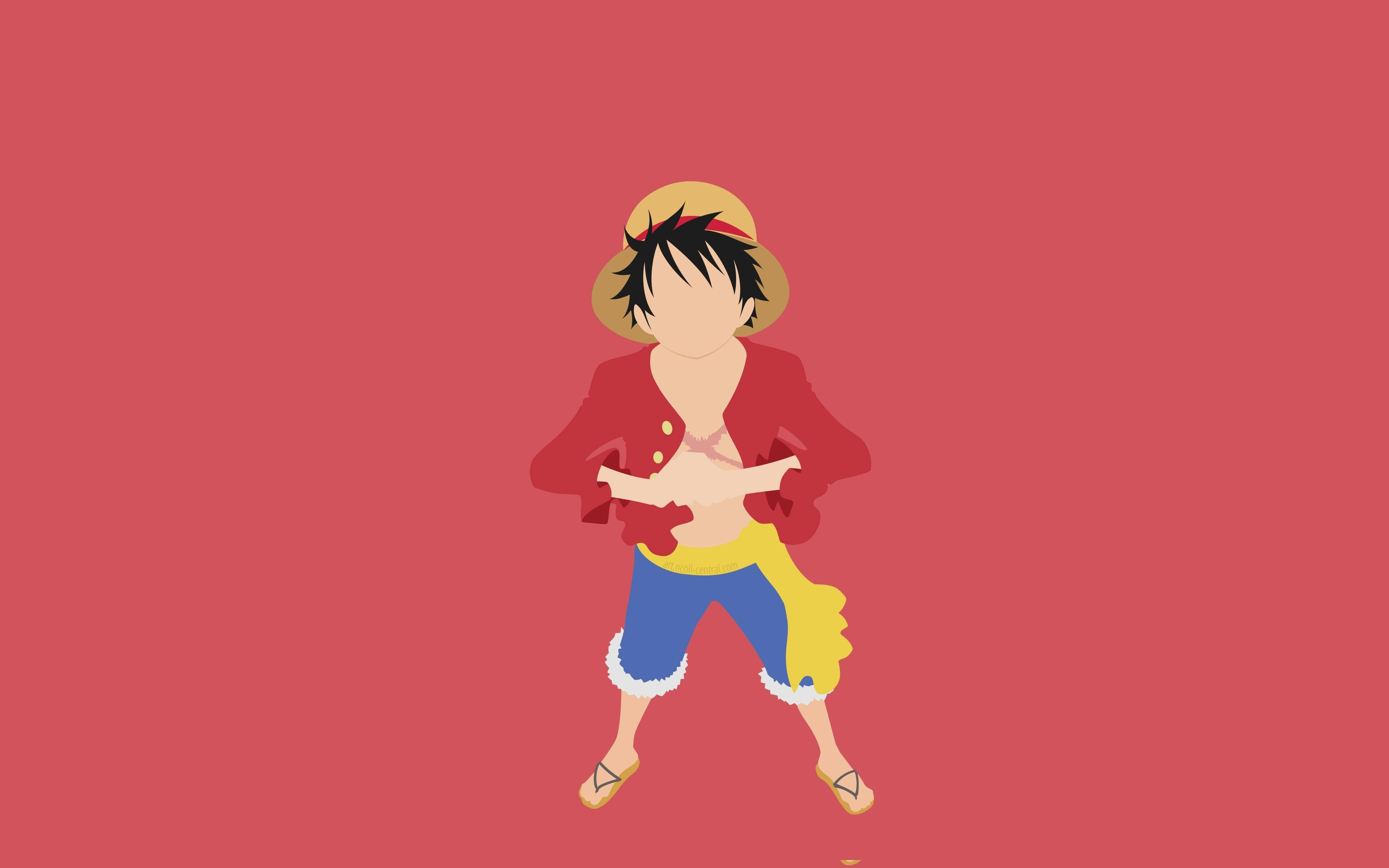 luffy 4K 桌布 壁紙 — 一個風格化的動漫角色，黑髮戴草帽，自信地穿著紅色外套，站在純粉紅色背景前。