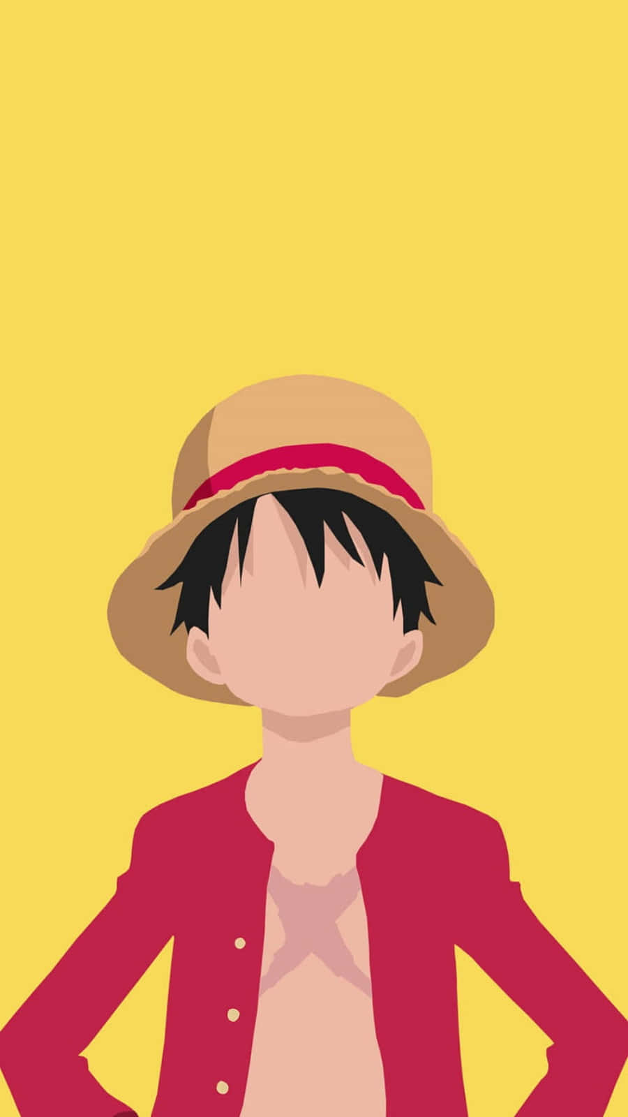 Luffy Aesthetic 桌布 壁紙 — 一個風格化的動漫角色，黑髮戴草帽，自信地站在純黃色背景前。