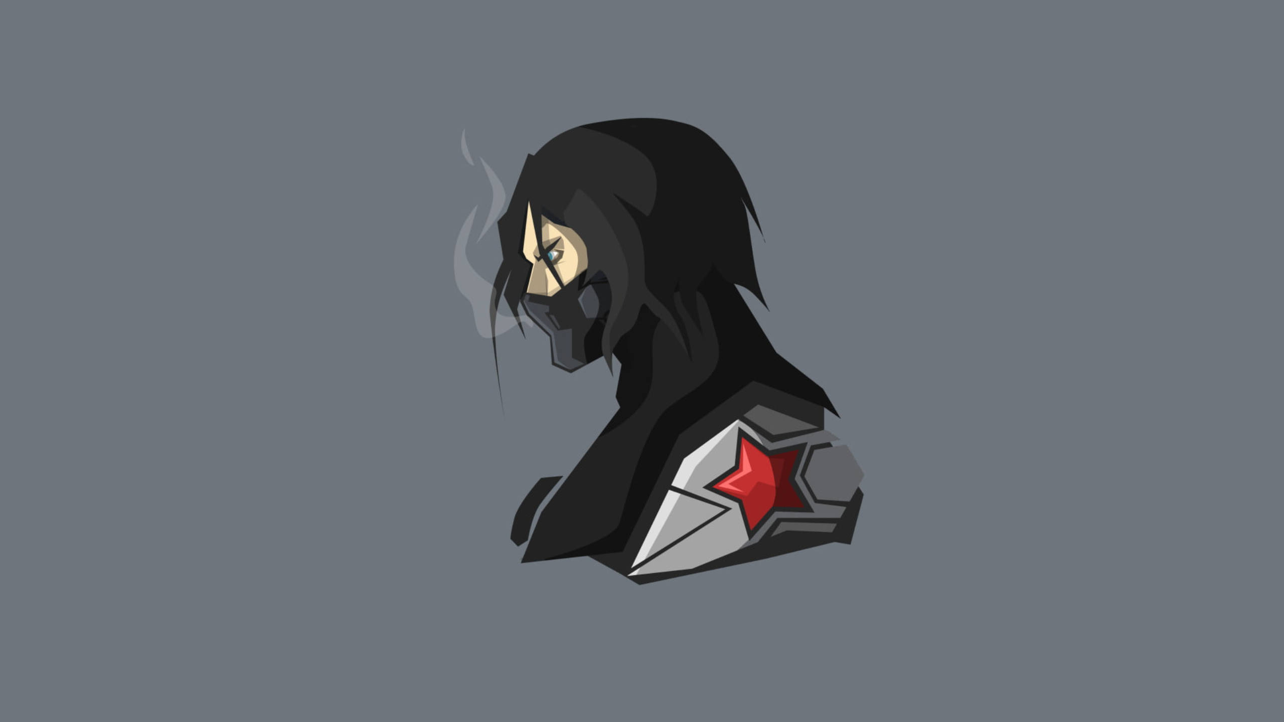soldier 桌布 壁紙 — 一個風格化的動漫角色，黑髮戴著口罩，在灰色背景上呼出煙霧。