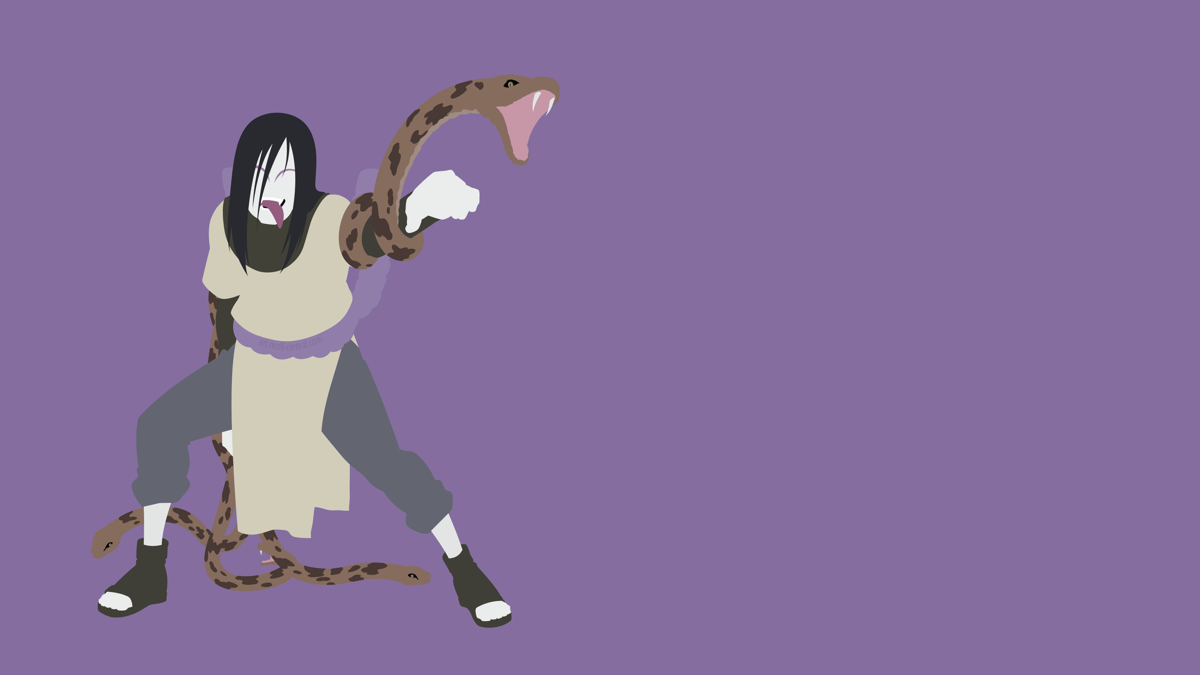 Orochimaru 桌布 壁紙 — 一個風格化的動漫角色，黑髮白臉，在純紫色背景上揮舞著一條大棕蛇。