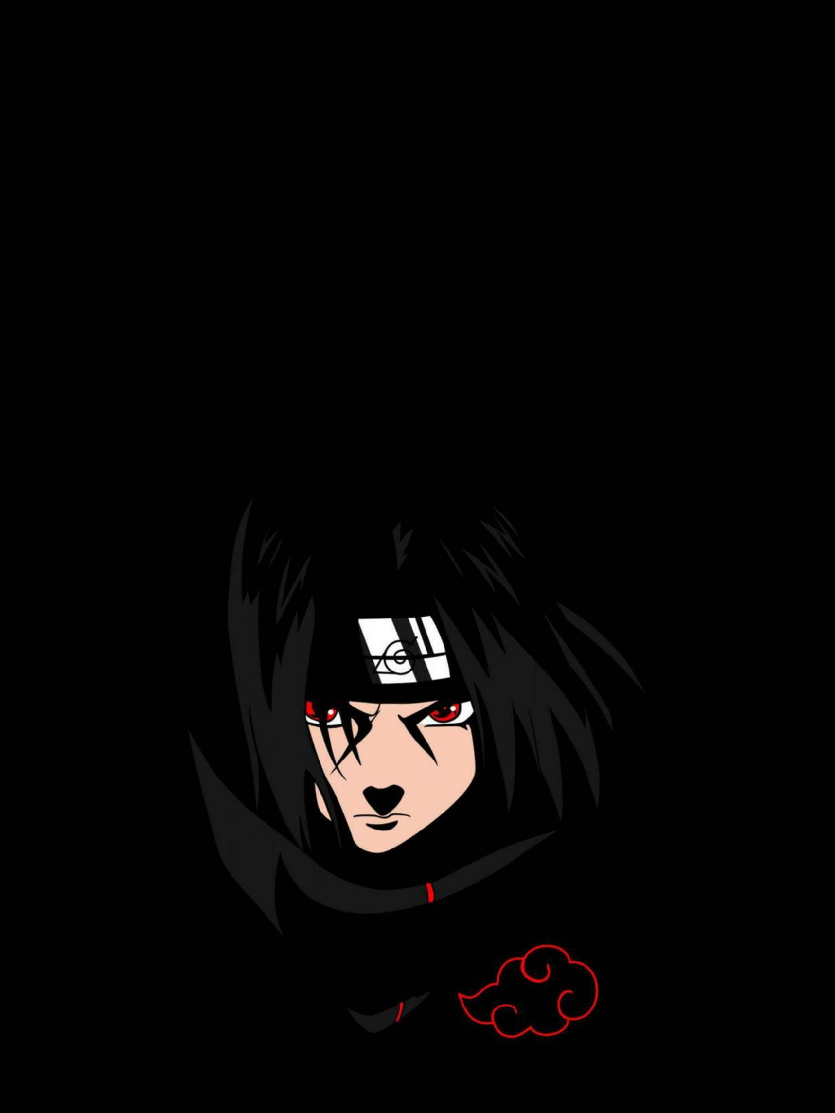 akatsuki itachi 桌布 壁紙 — 一個風格化的動漫角色，黑髮紅眼，黑色背景上有紅色雲朵標誌。