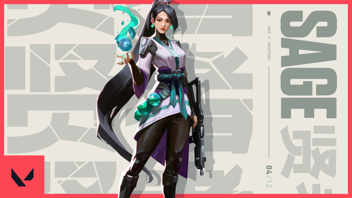 1366x768 Valorant 桌布 壁紙 — 一個風格化的動漫角色Sage在幾何背景上揮舞著發光的青綠色球體和步槍，並帶有鮮明的紅色點綴。