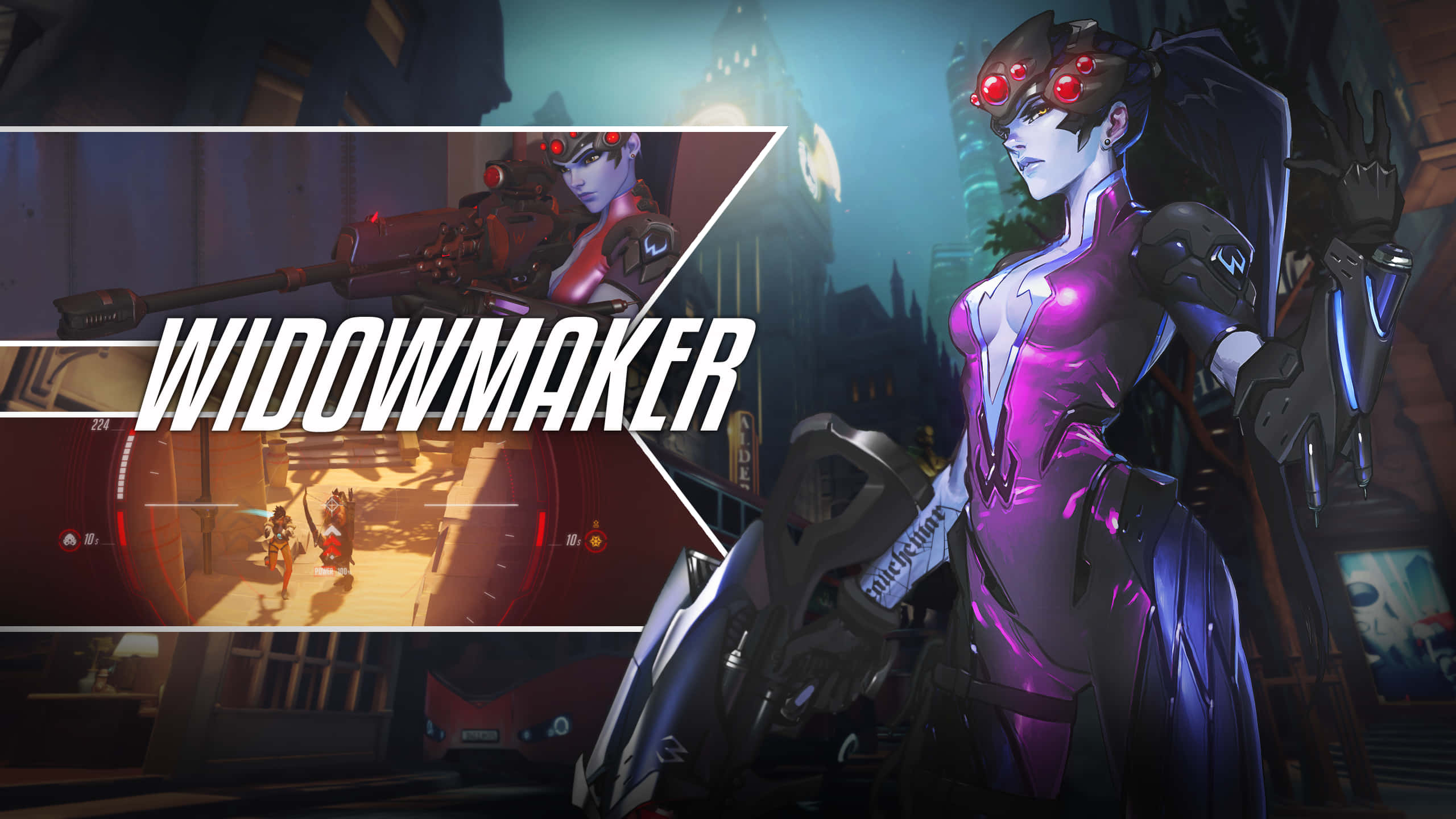 鬥陣特攻 桌布 壁紙 — 一個風格化的動漫角色Widowmaker，穿著紫色和黑色服裝，發光的紅色眼睛和狙擊步槍，顯示在遊戲界面和電影姿勢中。