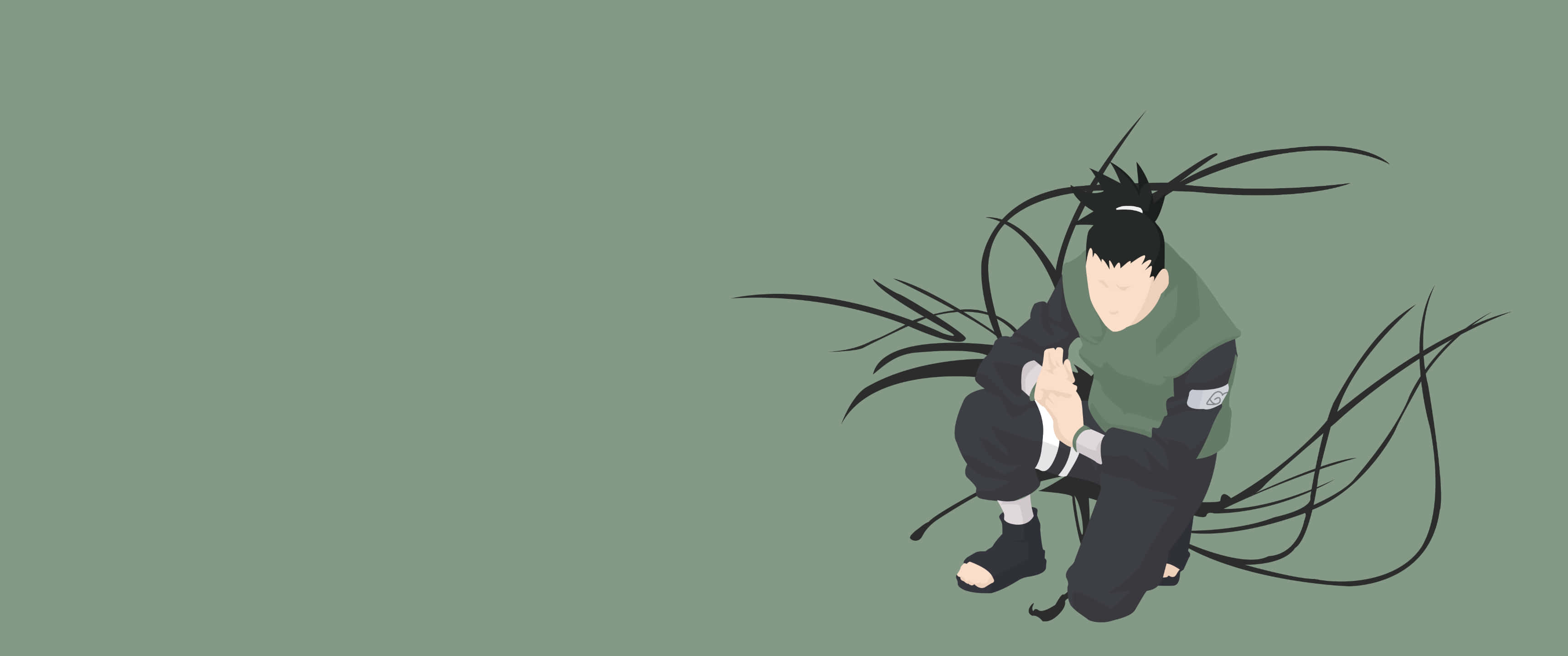 Shikamaru Nara 桌布 壁紙 — 一個風格化的動漫角色以動態姿勢跪著，飄逸的黑色頭髮，背景是柔和的綠色。
