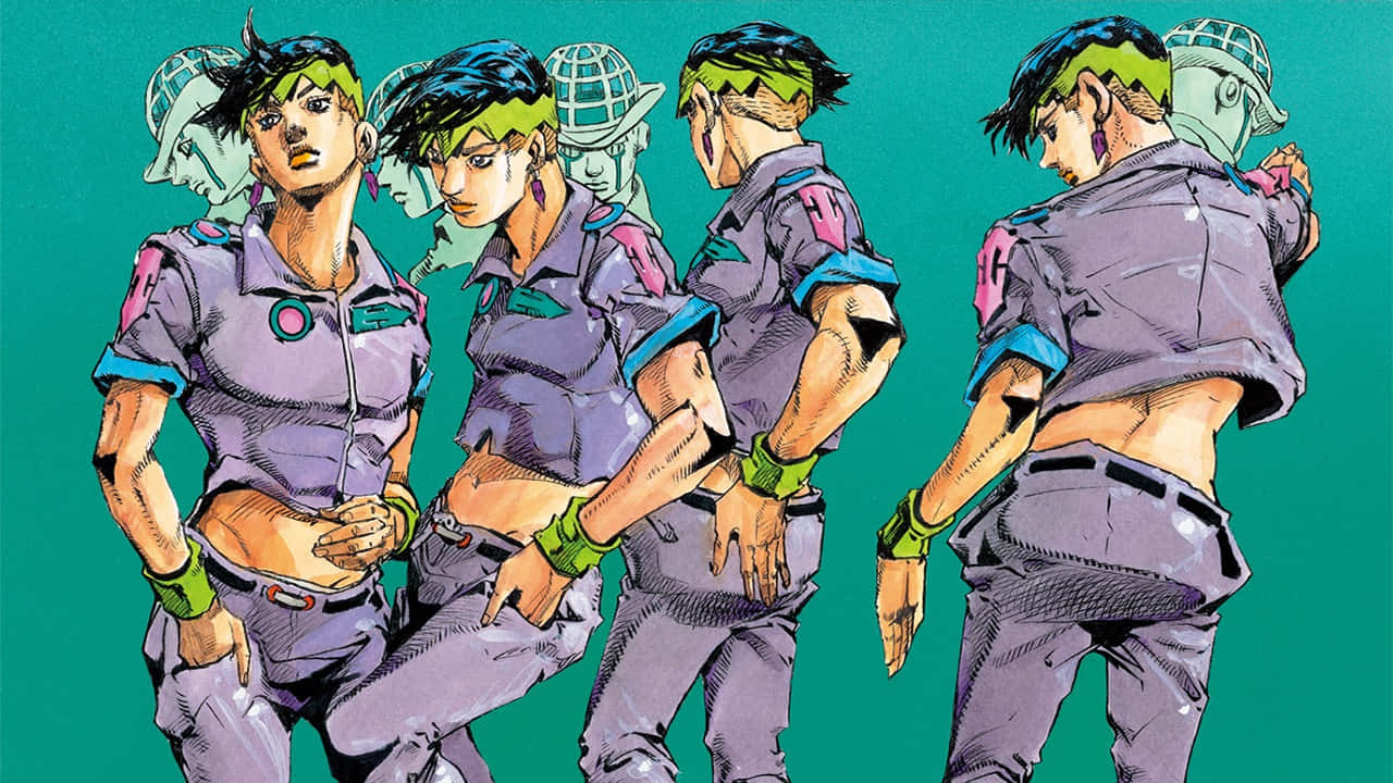 Rohan Kishibe 桌布 壁紙 — 一個風格化的動漫角色以四個動態姿勢展示在青綠色背景上，背後有幽靈般的球體頭顱。
