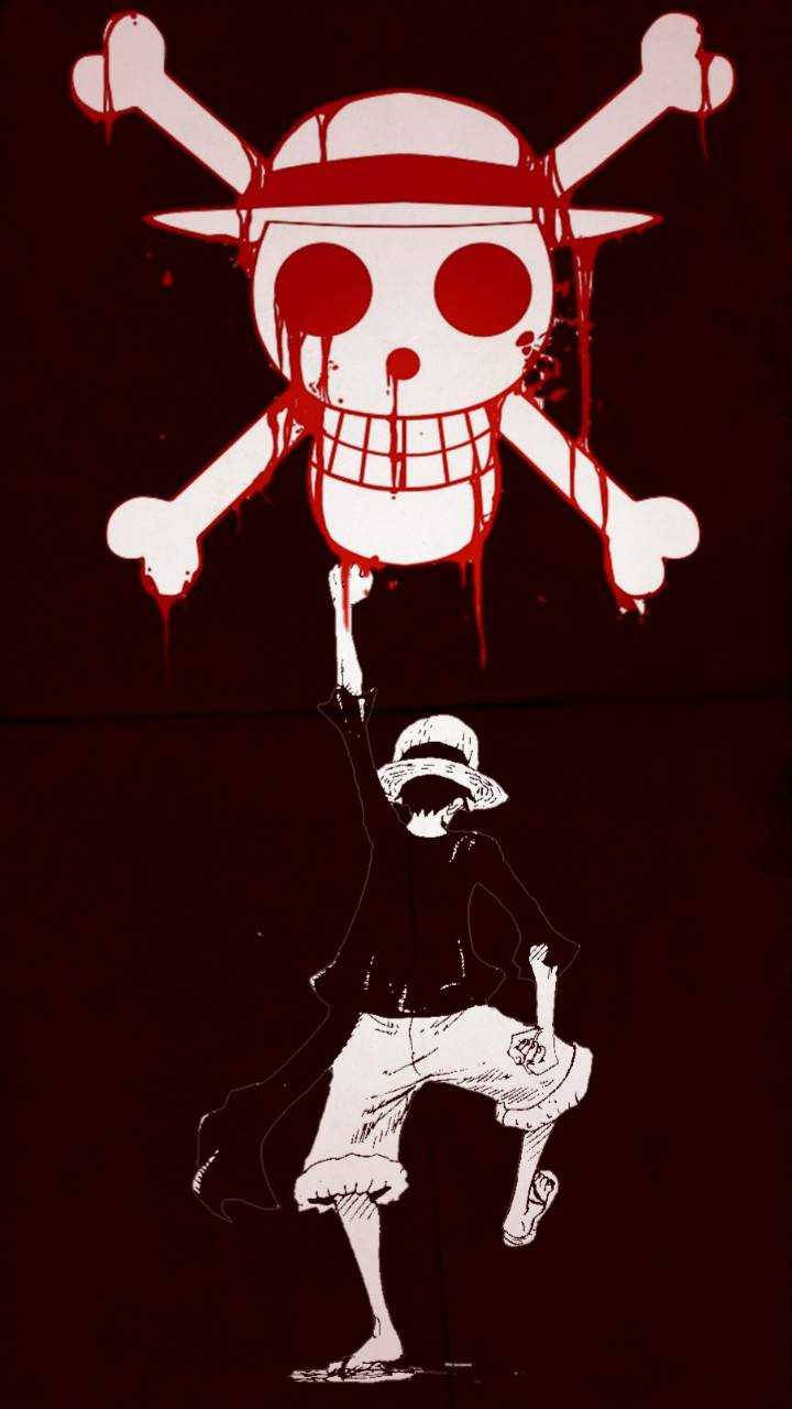 luffy 4K 桌布 壁紙 — 一個風格化的動漫角色以白色剪影高舉一面滴血的紅色骷髏旗，背景為深紅色。