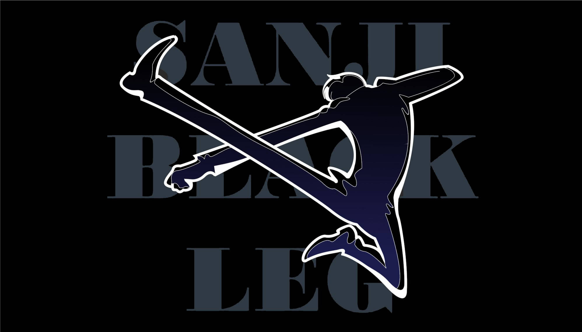 Sanji 桌布 壁紙 — 一個風格化的動漫角色剪影，在空中踢腿，交叉劍，黑色背景，文字褪色。