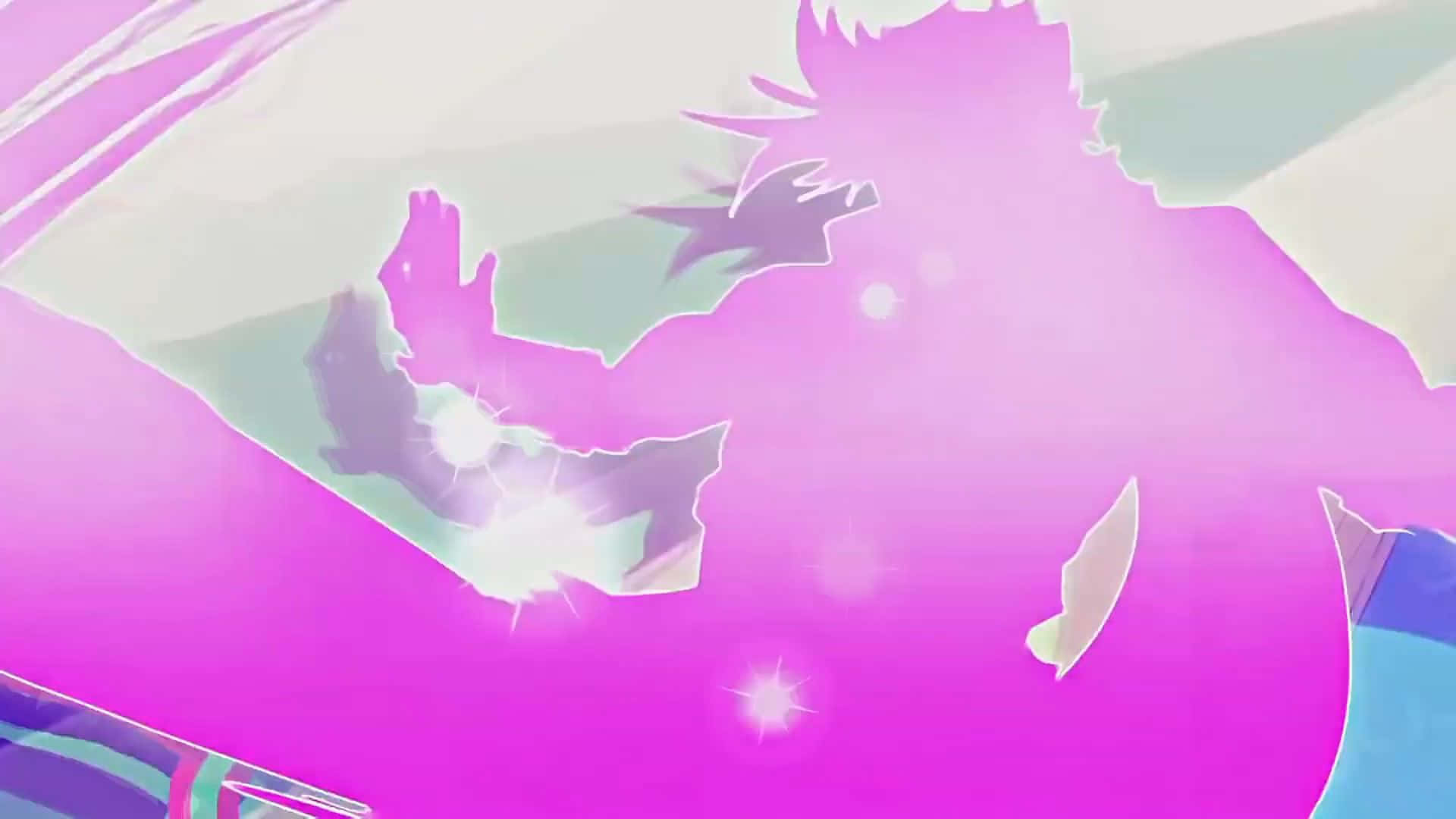 Battle Tendency 桌布 壁紙 — 一個風格化的動漫角色剪影，採用充滿活力的粉紅色和紫色色調，帶有發光效果和動態運動線條。