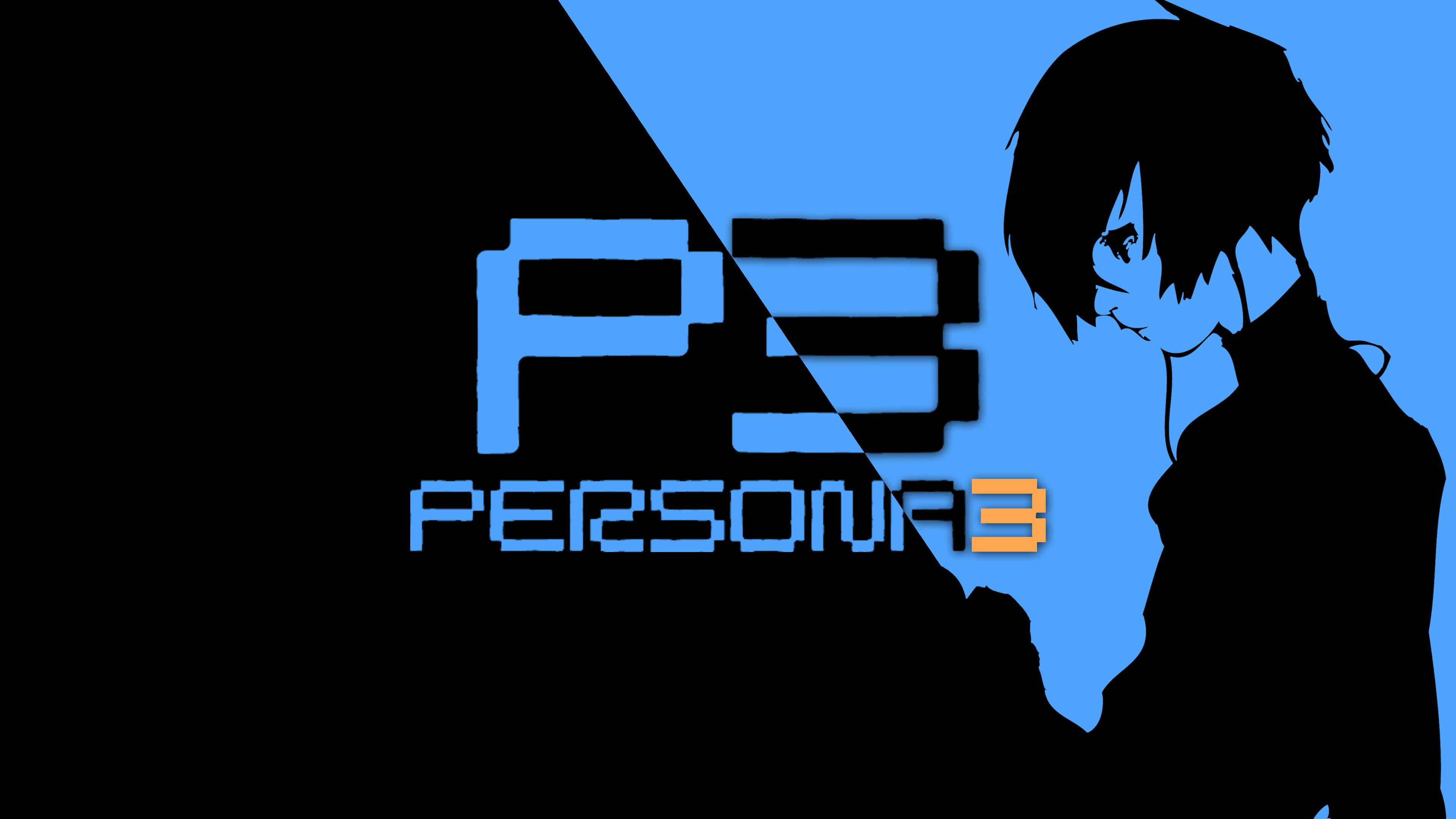 Anime Character 桌布 壁紙 — 一個風格化的動漫角色剪影站在Persona 3標誌旁邊，背景是黑色和藍色分割。