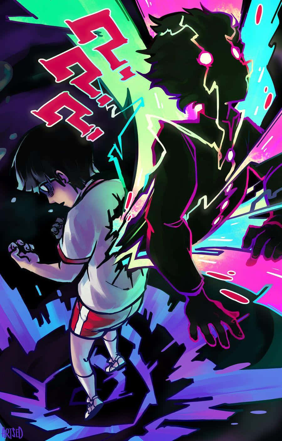 Mob Psycho iPhone 桌布 壁紙 — 一個風格化的動漫角色在充滿活力的霓虹破碎背景前對峙一個發光的怪物剪影。