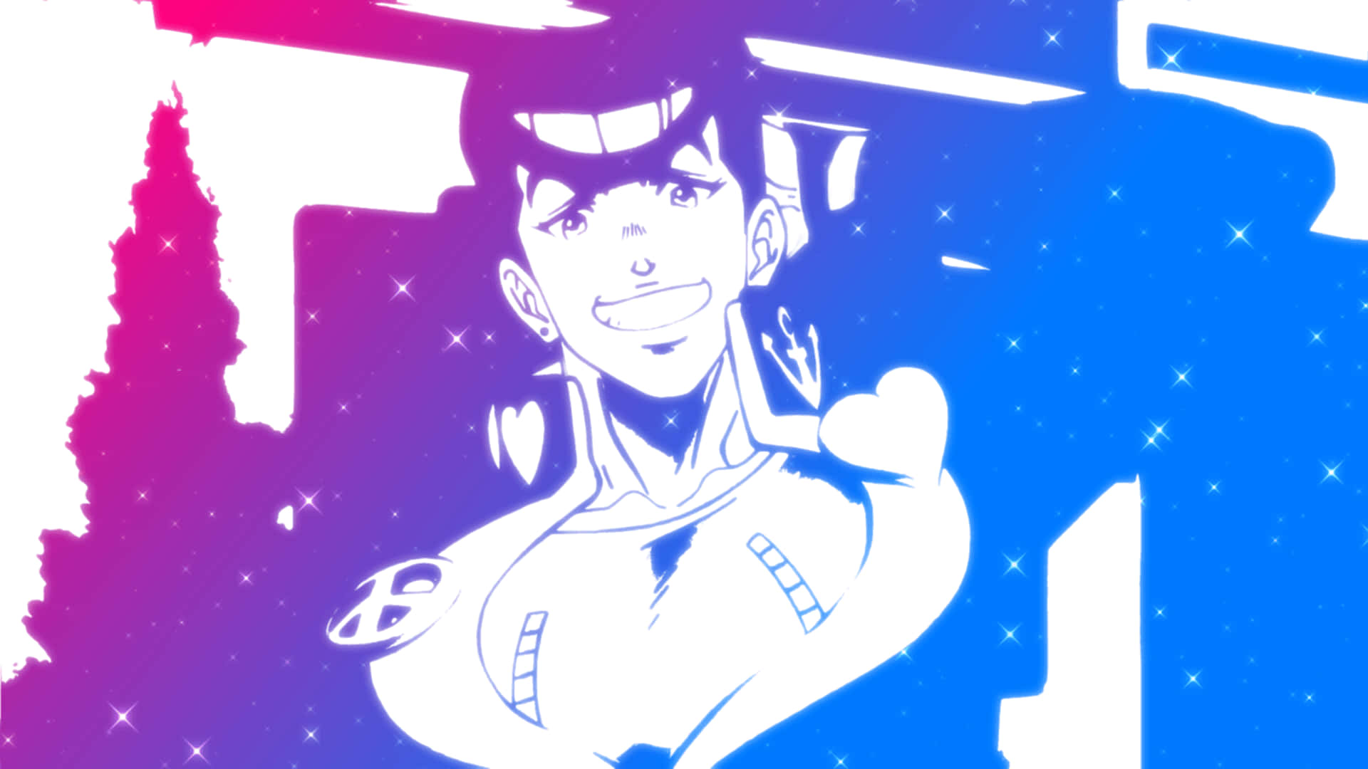 Josuke Higashikata 桌布 壁紙 — 一個風格化的動漫角色在充滿閃爍星星的鮮豔粉紅和藍色漸變背景上燦爛微笑。