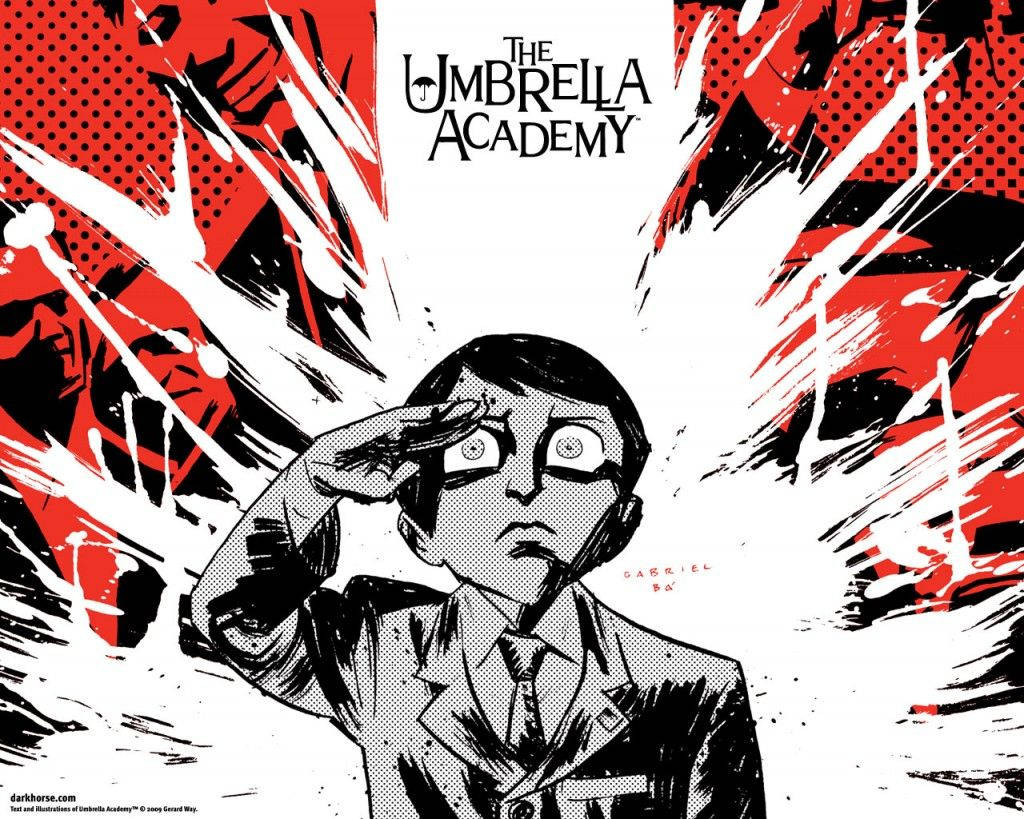 Academy 桌布 壁紙 — 一個風格化的動漫角色在動態的紅白背景前敬禮，帶有漫畫半色調效果。