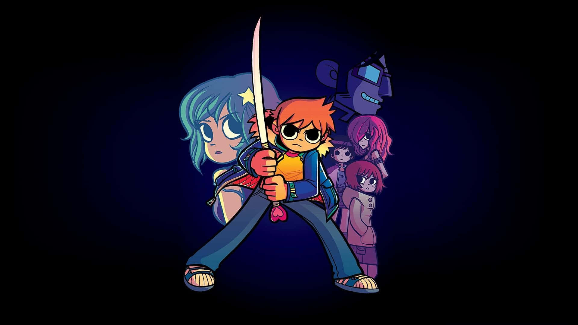 scott pilgrim 桌布 壁紙 — 一個風格化的動漫角色在深藍色背景下被盟友包圍，揮舞著劍。