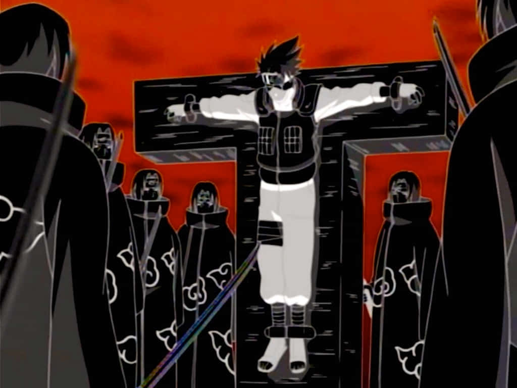 Kakashi And Itachi 桌布 壁紙 — 一個風格化的動漫角色在火紅的天空中被釘在十字架上，周圍是戴著面具、身穿黑色斗篷的人物。