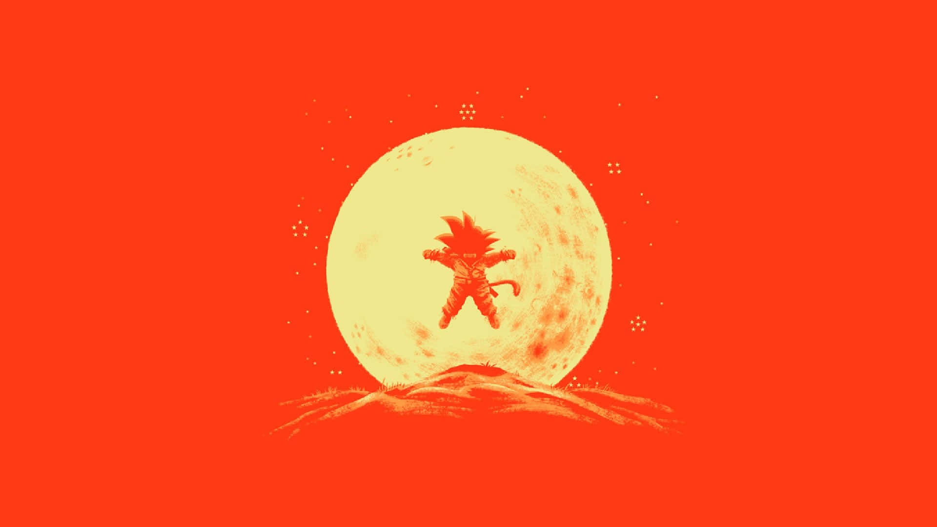 kid goku 桌布 壁紙 — 一個風格化的動漫角色在熾熱的紅色天空中，勝利地躍向一個巨大的發光月亮。